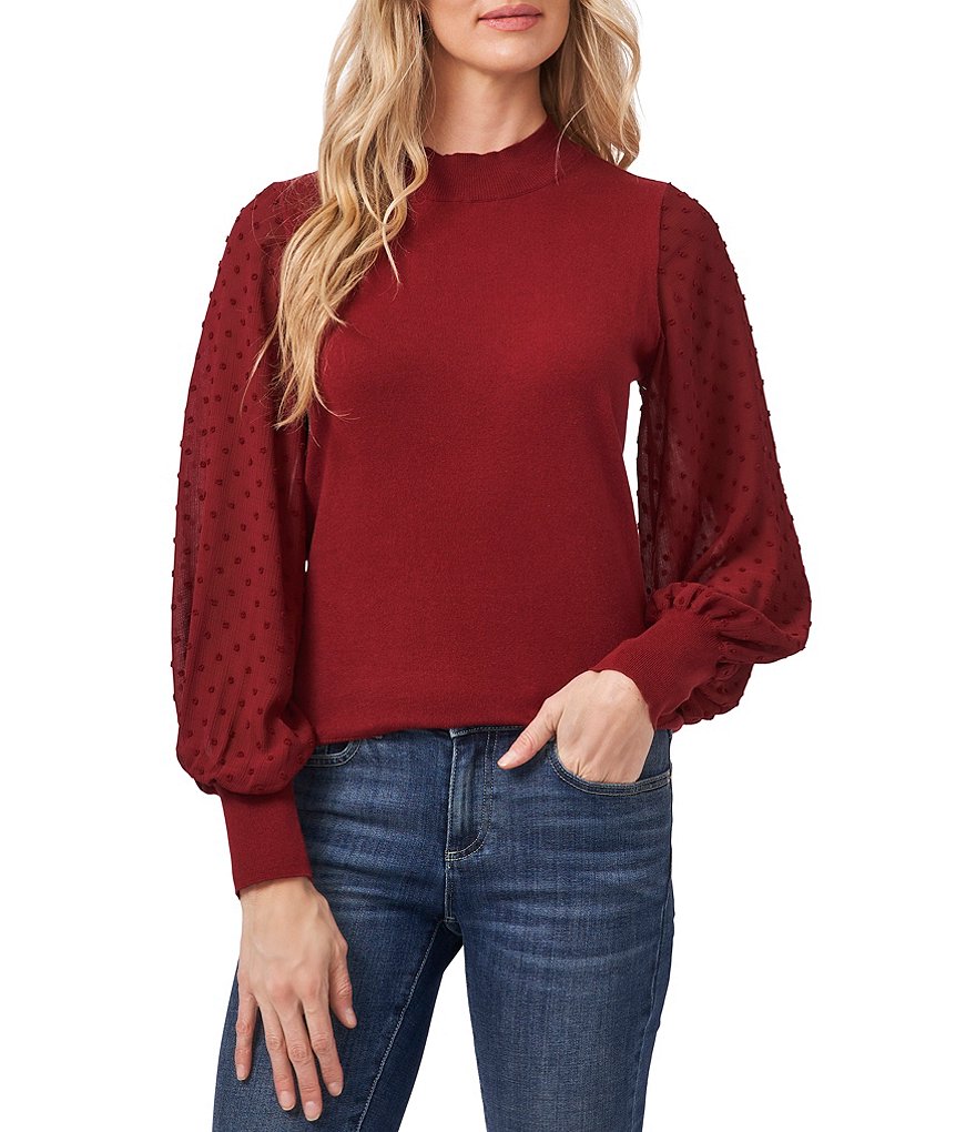 CeCe Mock Neck Long Sleeve Clip Dot Sweater