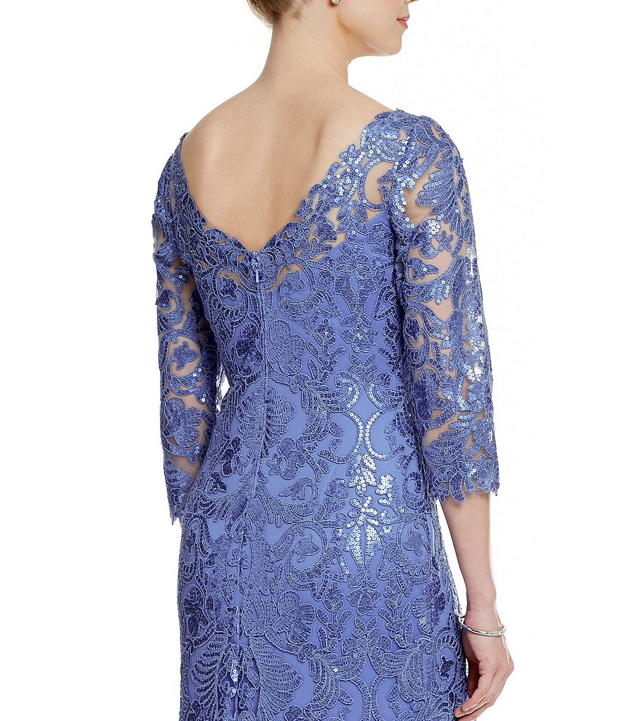 Tadashi Shoji Illusion Sleeve Boat Neck Sequin Corded Lace Gown
