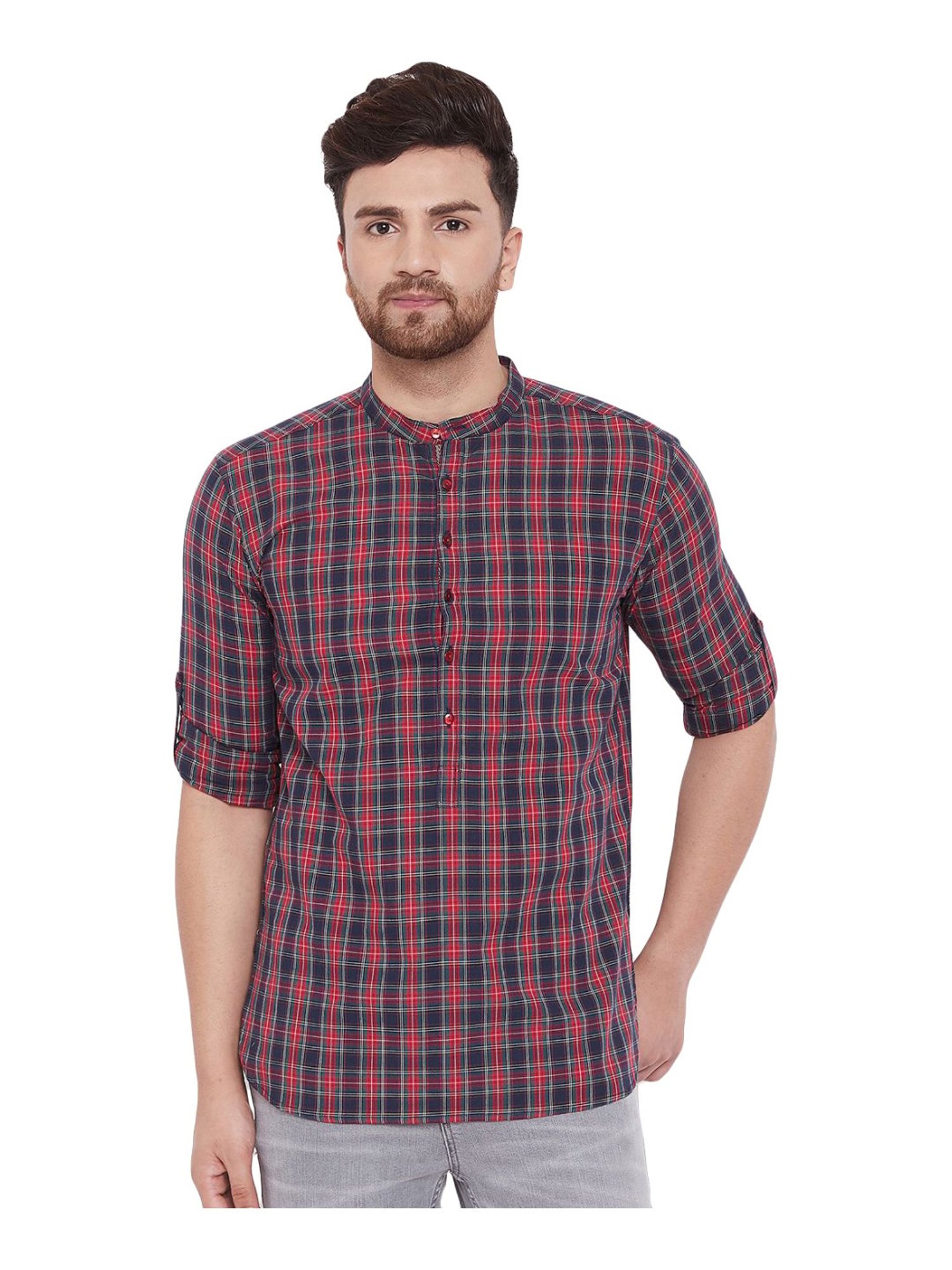 Even Red & Navy Cotton Regular Fit Checks Short Kurta