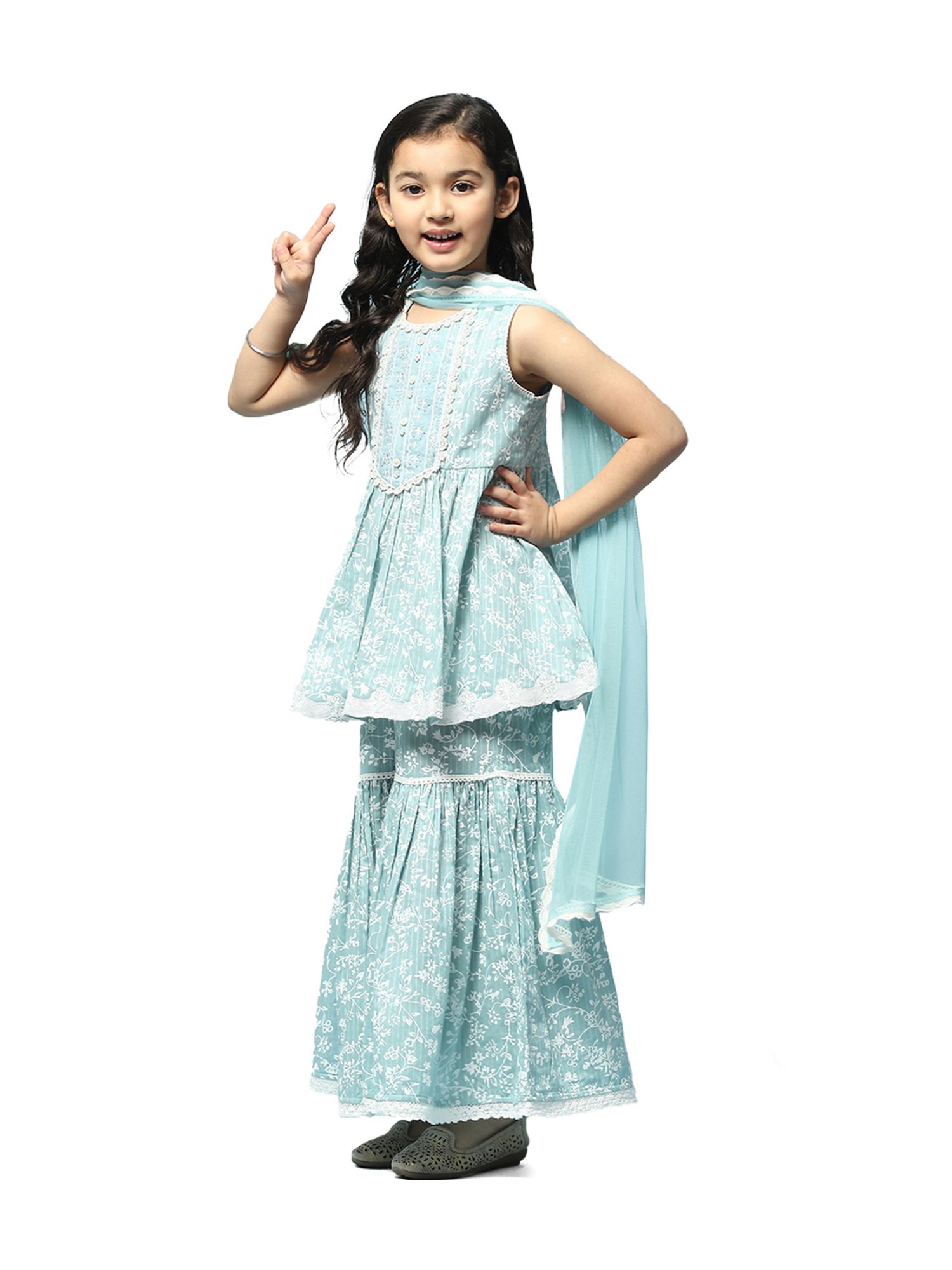 BIBA Girls Kids Powder Blue Cotton Embroidered Kurta Set