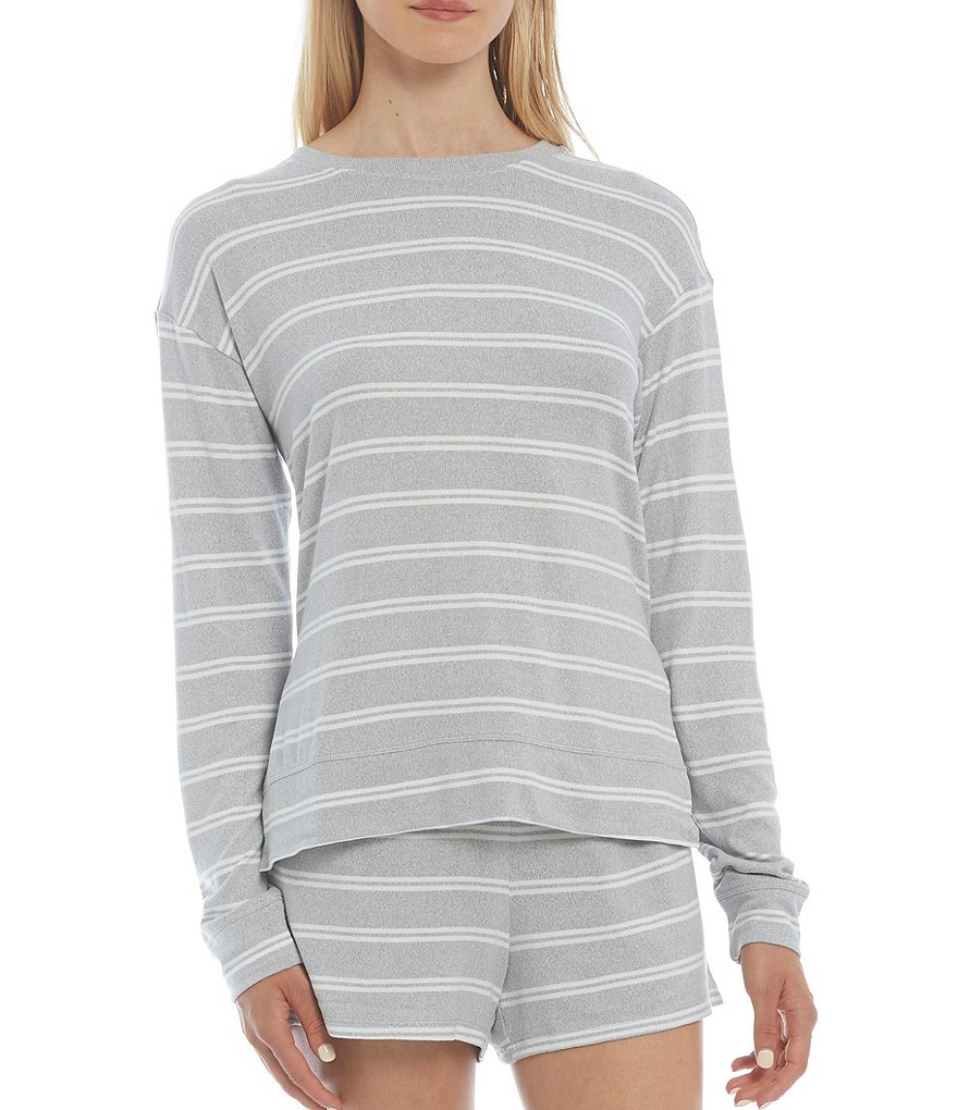 Jasmine & Ginger Striped Print Brushed Knit Crew Neck Long Sleeve Coordinating Sleep Top