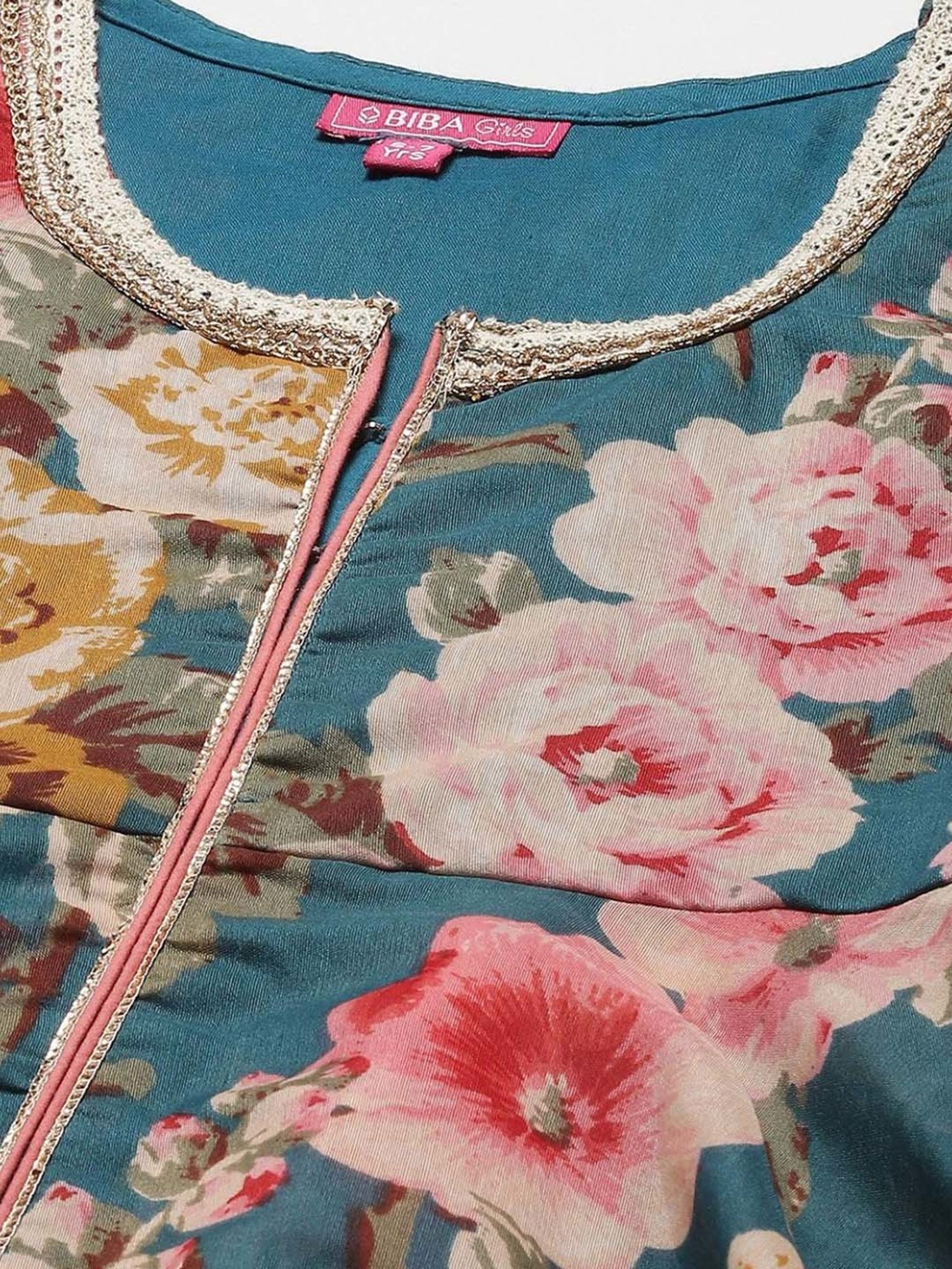 Biba Kids Blue & Pink Cotton Printed Kurta Set