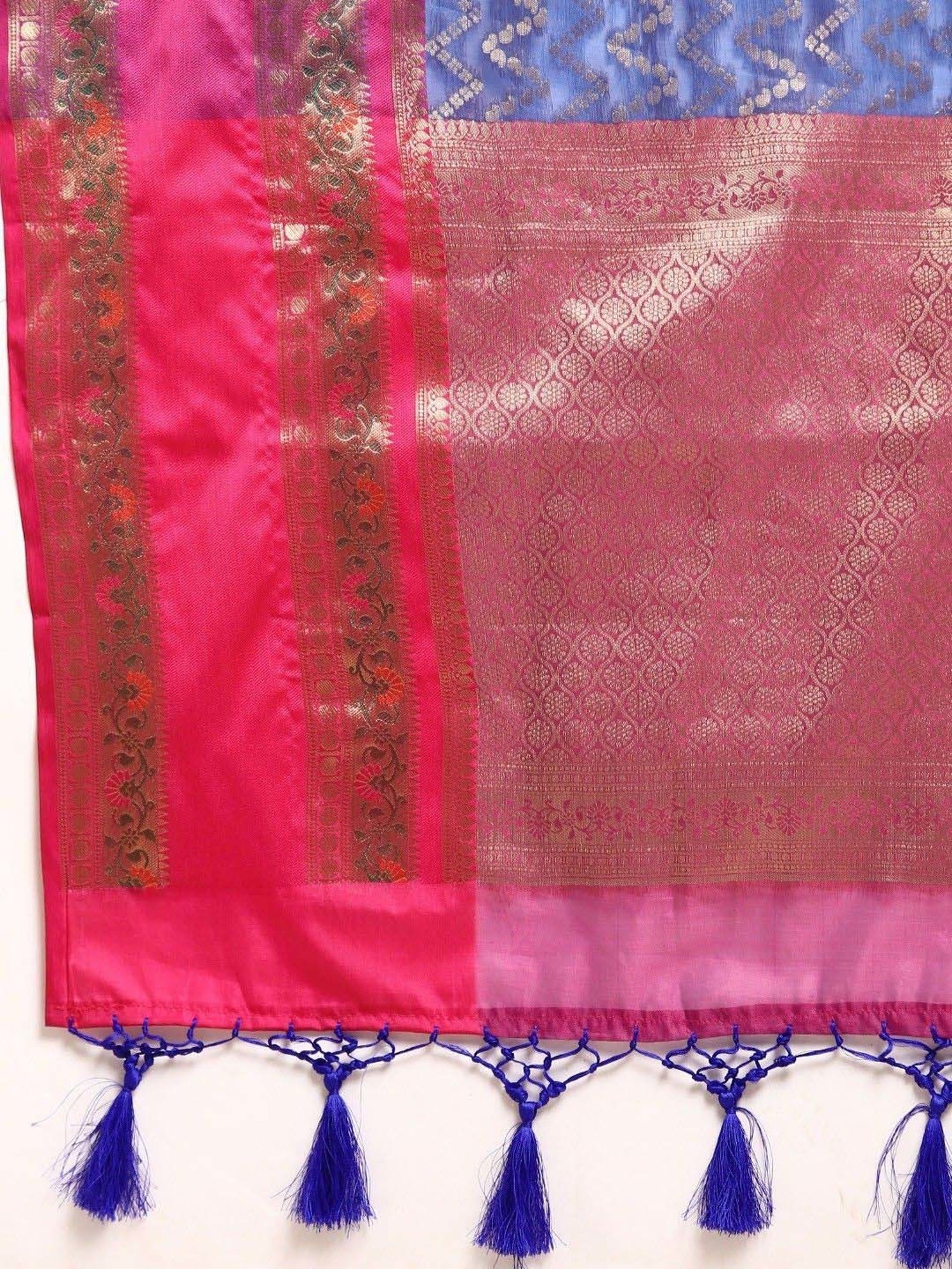 Silk Land Navy & Pink Woven Saree With Unstitched Blouse
