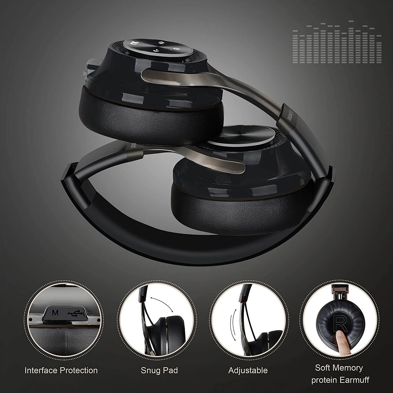 Bluetooth Headphones Riwbox XBT-880 Wireless Bluetooth Headphones Over Ear with Microphone and Volume Control Wireless and Wired Foldable Headset for iPhone/iPad/PC/Cell Phones/TV (Black&Grey)