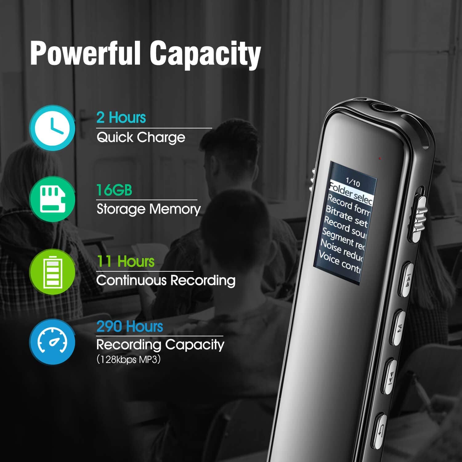 Voice Activated Digital Audio Recorder, iRULU 16GB PCM HD Stereo Noise Reduction Recorder with Playback, Easy Operation Recording Device for Lecture Interview Meeting