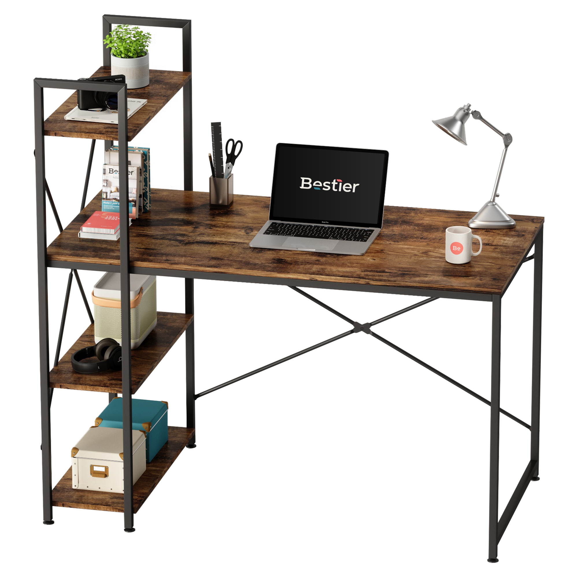 Bestier 63 Inch Computer Desk with Storage Shelves, Modern Bookshelf Desk with Headphone Hook Large Workstation Writing Desk with Reversible Bookshelves Home Office Work Table Study Desk Grey