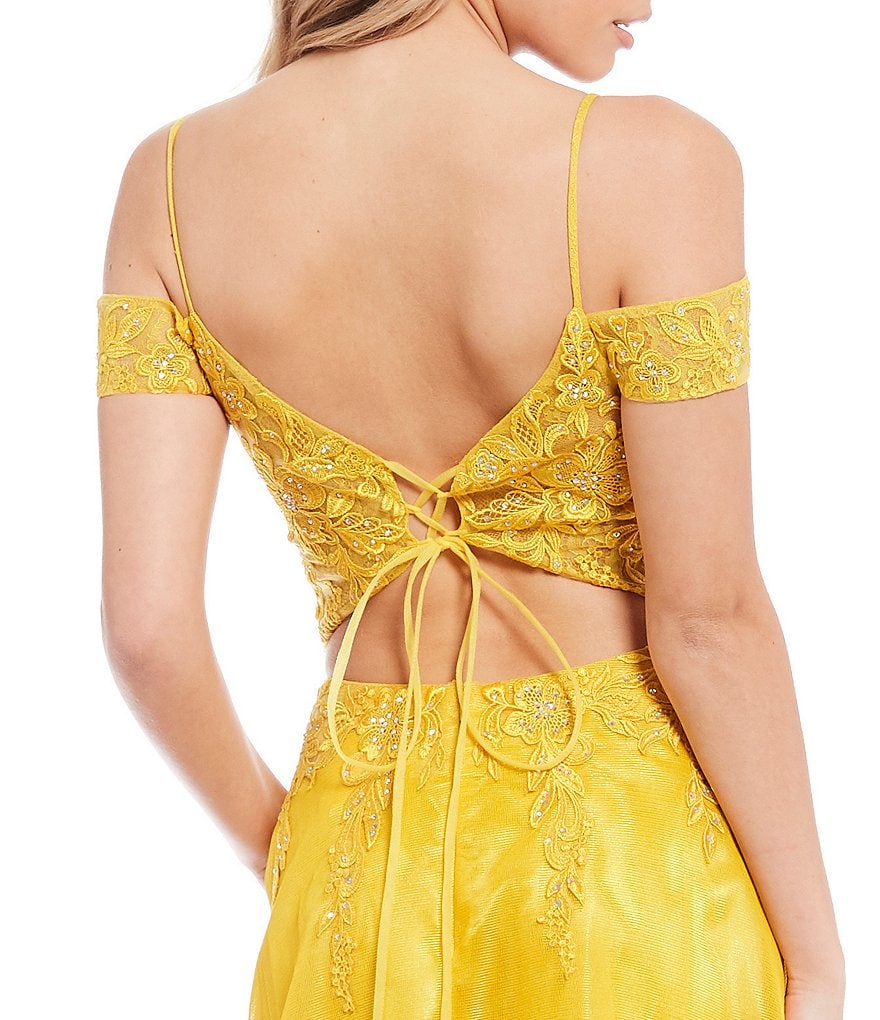 Coya Collection Off-The-Shoulder Lace-Up Back Embroidered Bodice Shimmer Ball Gown