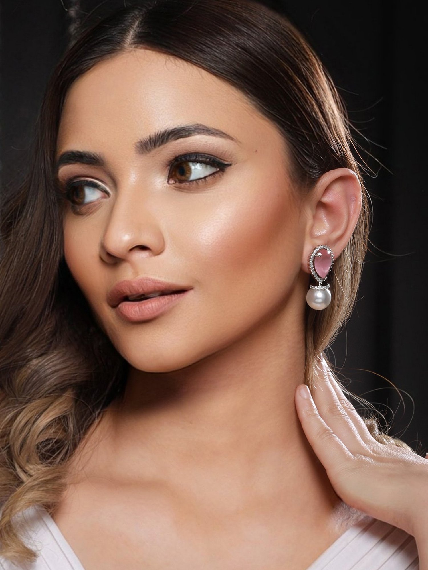 Saraf RS Jewellery White Pearl Beaded Pink AD Studded Minimal