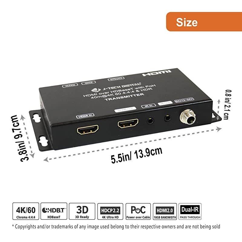 HDBaseT 4K@60Hz HDMI 2.0 Extender with a Local Loop Out & Dual Outputs, HDR 4:4:4 up to 40m (130ft) Over Single Cable CAT5e/6A with RS-232 Control [JTECH-EX-HDBT381]