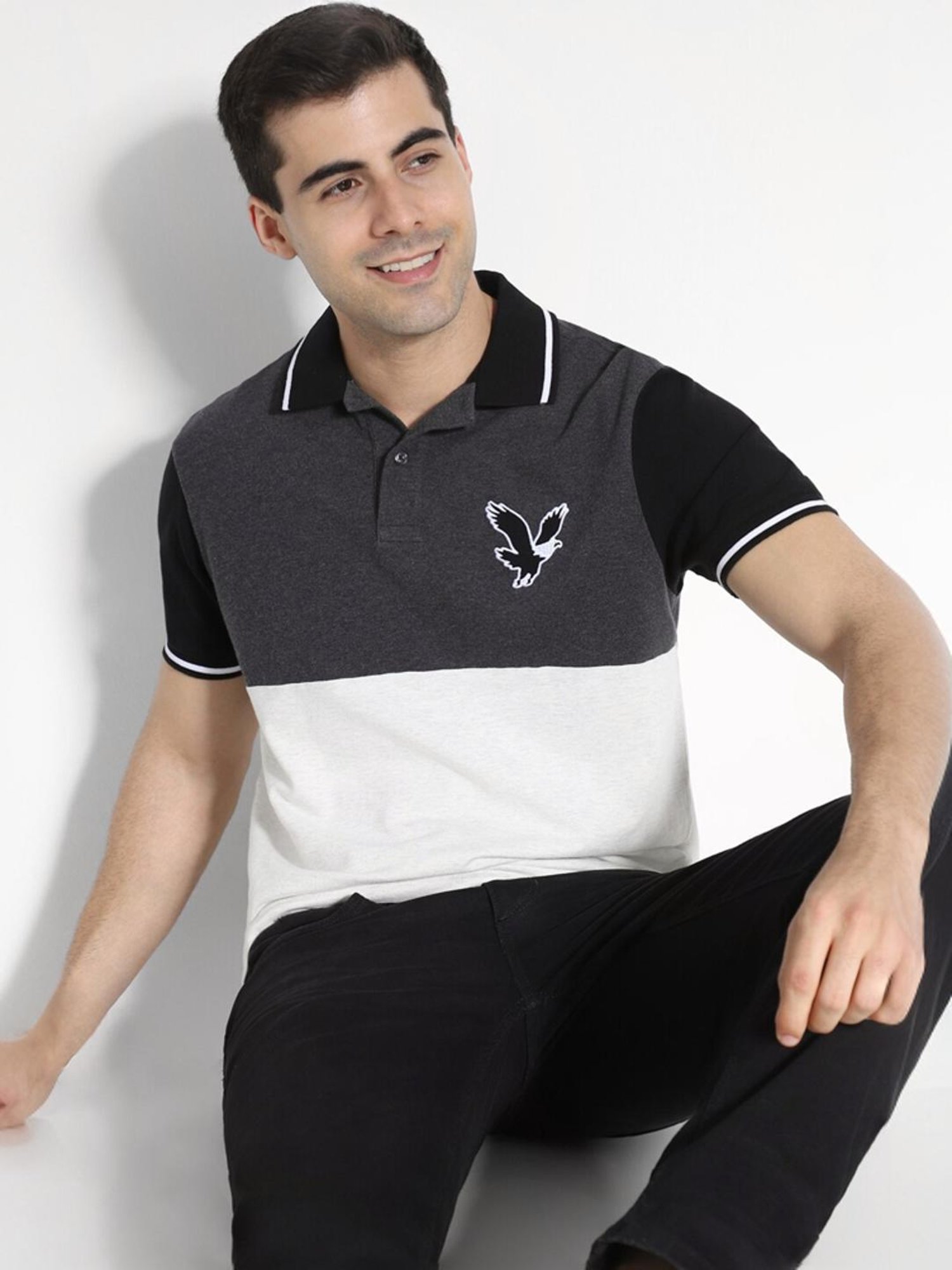 American Eagle Grey Regular Fit Colour Block Polo T-Shirt