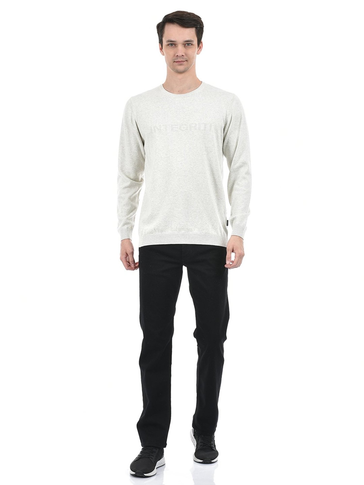 Integriti Ecru Melange Regular Fit Self Design Cotton Sweater