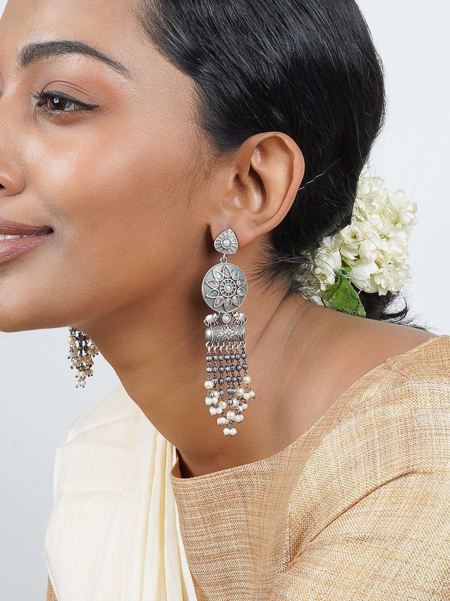 Teejh Ethnic Gahez Multi-colored Silver Oxidized Dangler Earrings