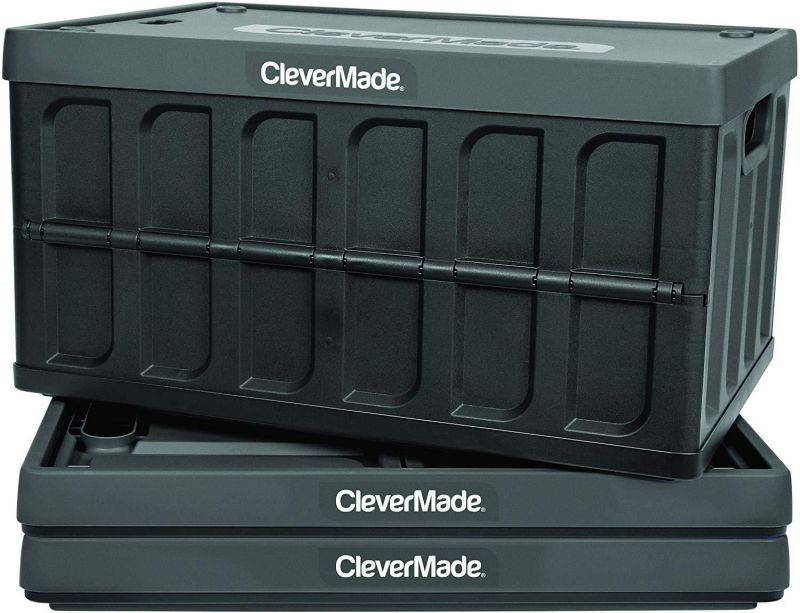 clevermade 46l collapsible storage bins with lids  folding plastic stackable utility crates, solid wall clevercrates, 3 pack, charcoal
