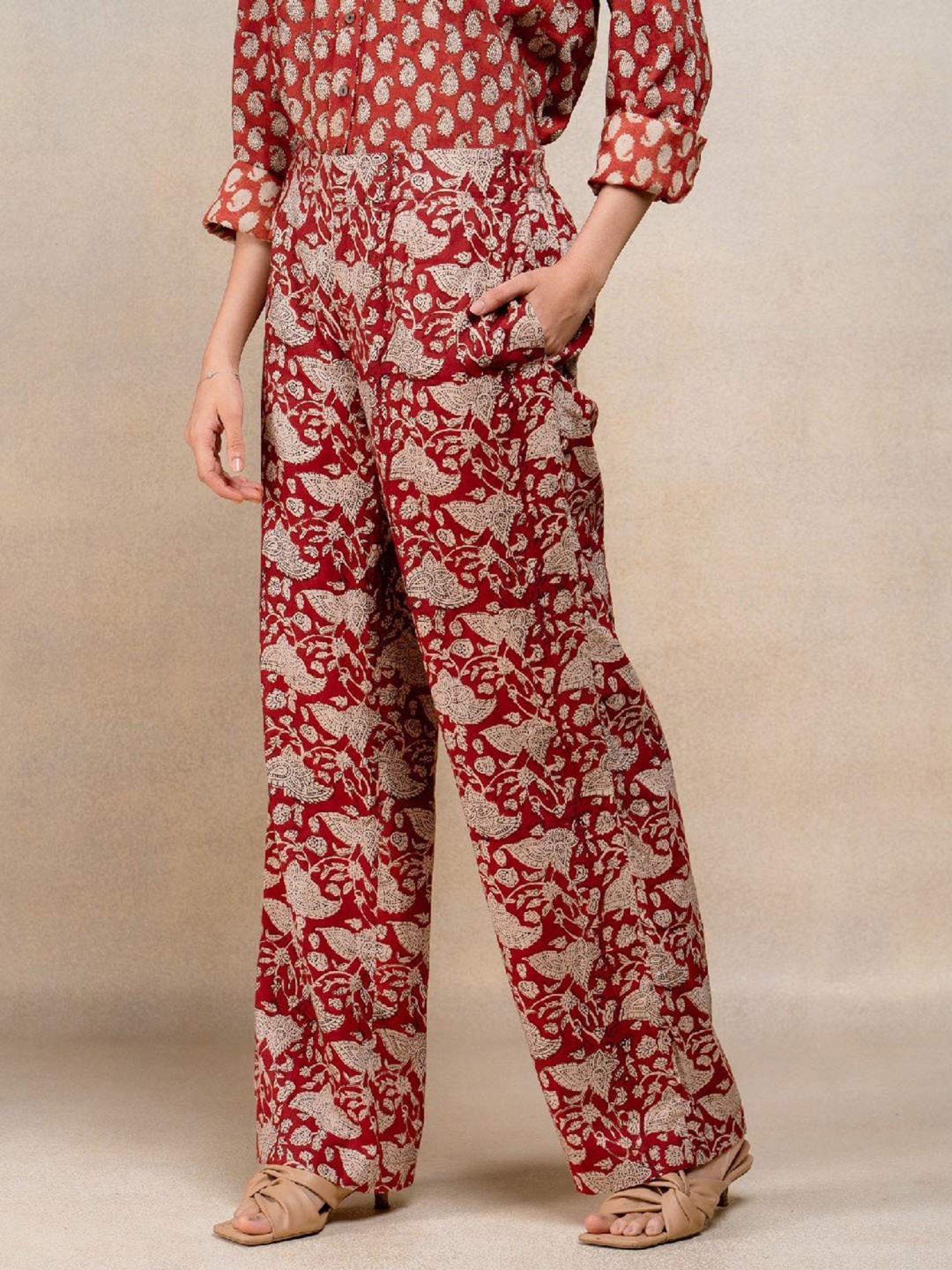Okhai Red Floral Print Pure Cotton Pants