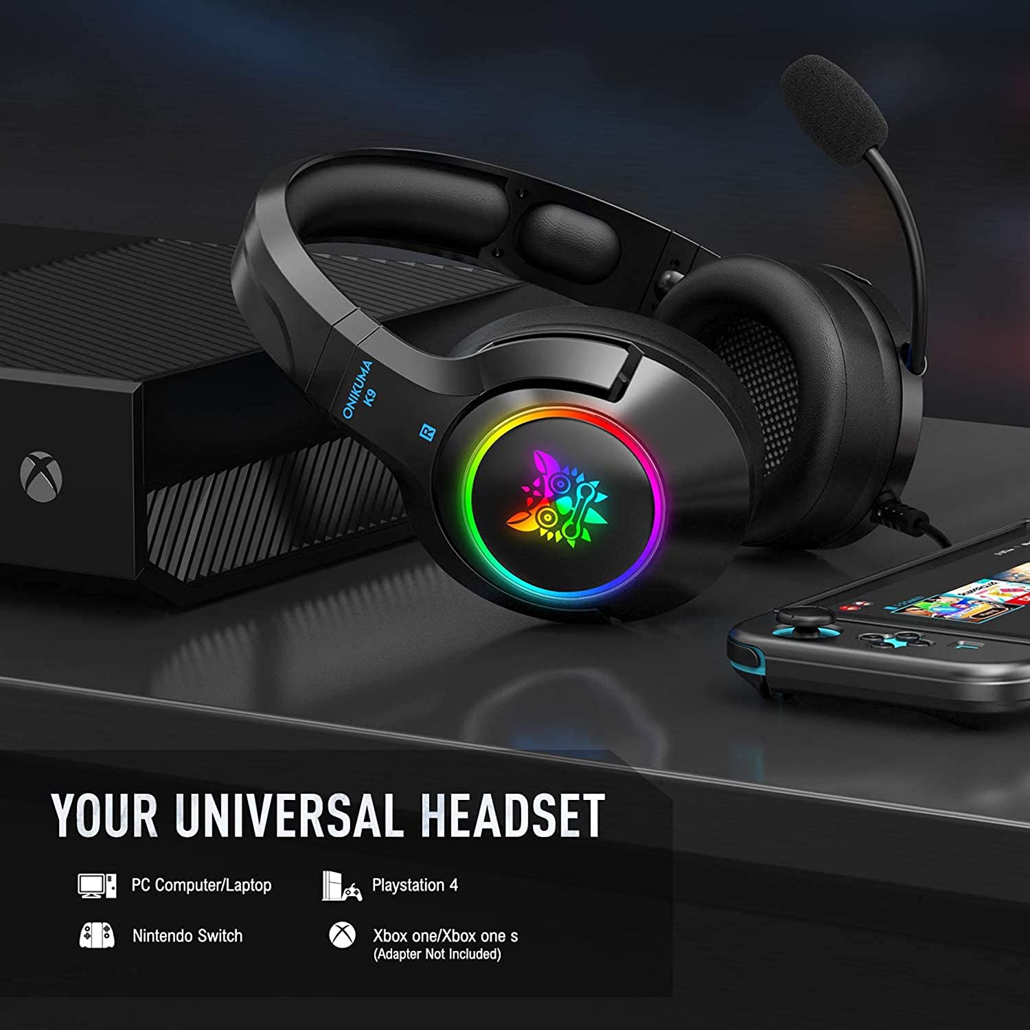 ONIKUMA RGB Gaming Headset ,3.5mm Stereo Wired Over Ear Gaming Headphone with Mic, Noise Cancelling & Volume Control, Colourful RGB Light Gaming Headset for New Xbox One/PC/Mac/PS4/Table/Phone