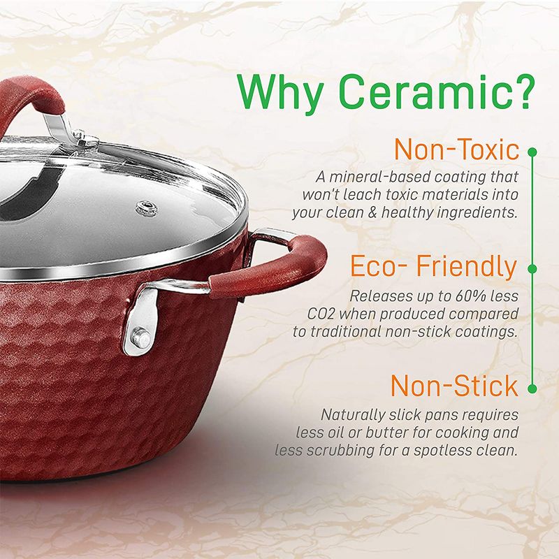 NutriChef Metallic Nonstick Ceramic Cooking Kitchen Cookware Pots and Pans with Lids, Utensils, and Cool Touch Handle Grips, 11 Piece Set, Red