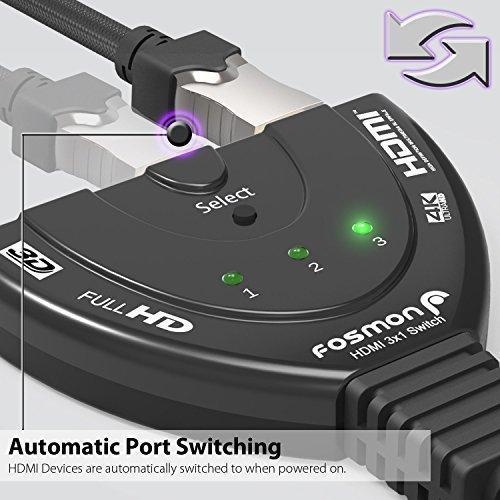 Fosmon HD8061 3-Port 4K High Speed HDMI Switch Splitter with Pigtail Cable, 3 In 1 Out, Supports Full HD 1080p 3D