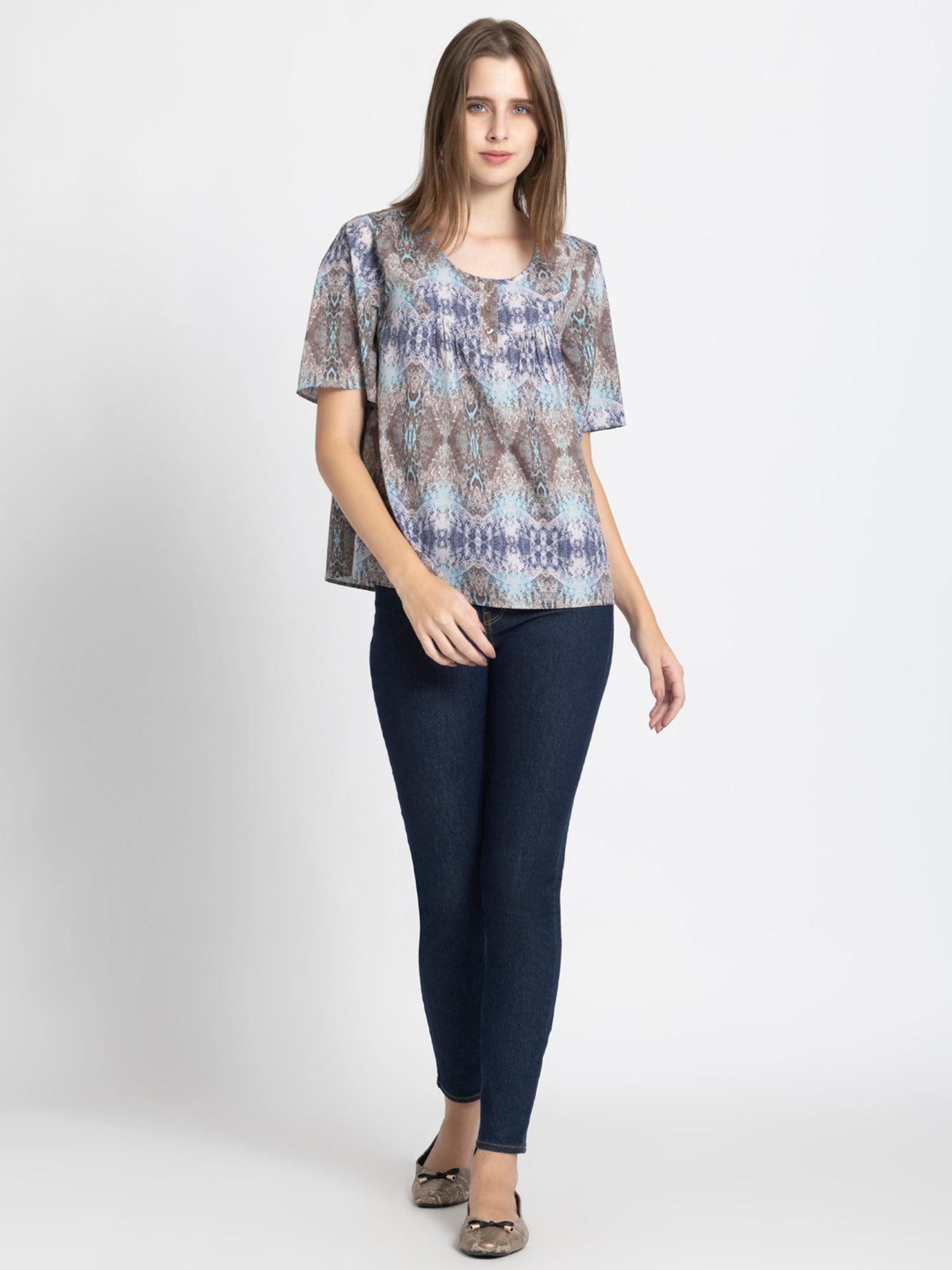SHAYE Grey & Blue Printed Top