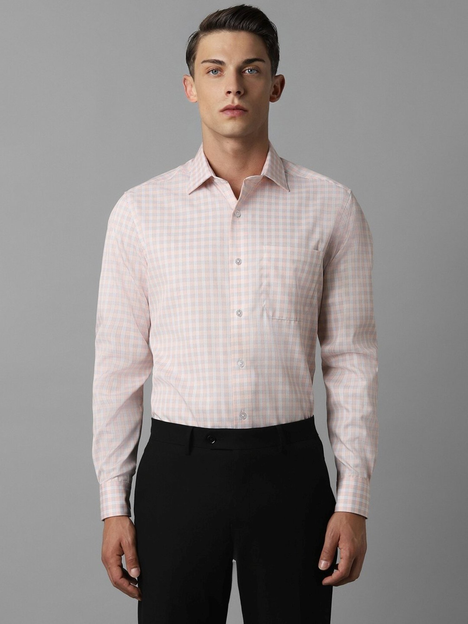 Louis Philippe Peach Cotton Regular Fit Checks Shirt