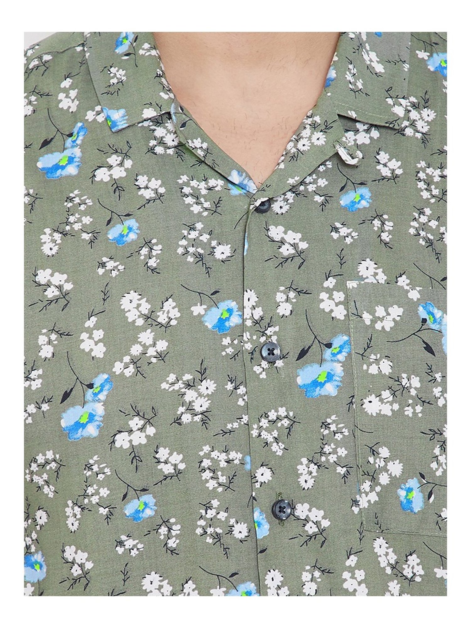 Even Olive Green Slim Fit Printed Shirt