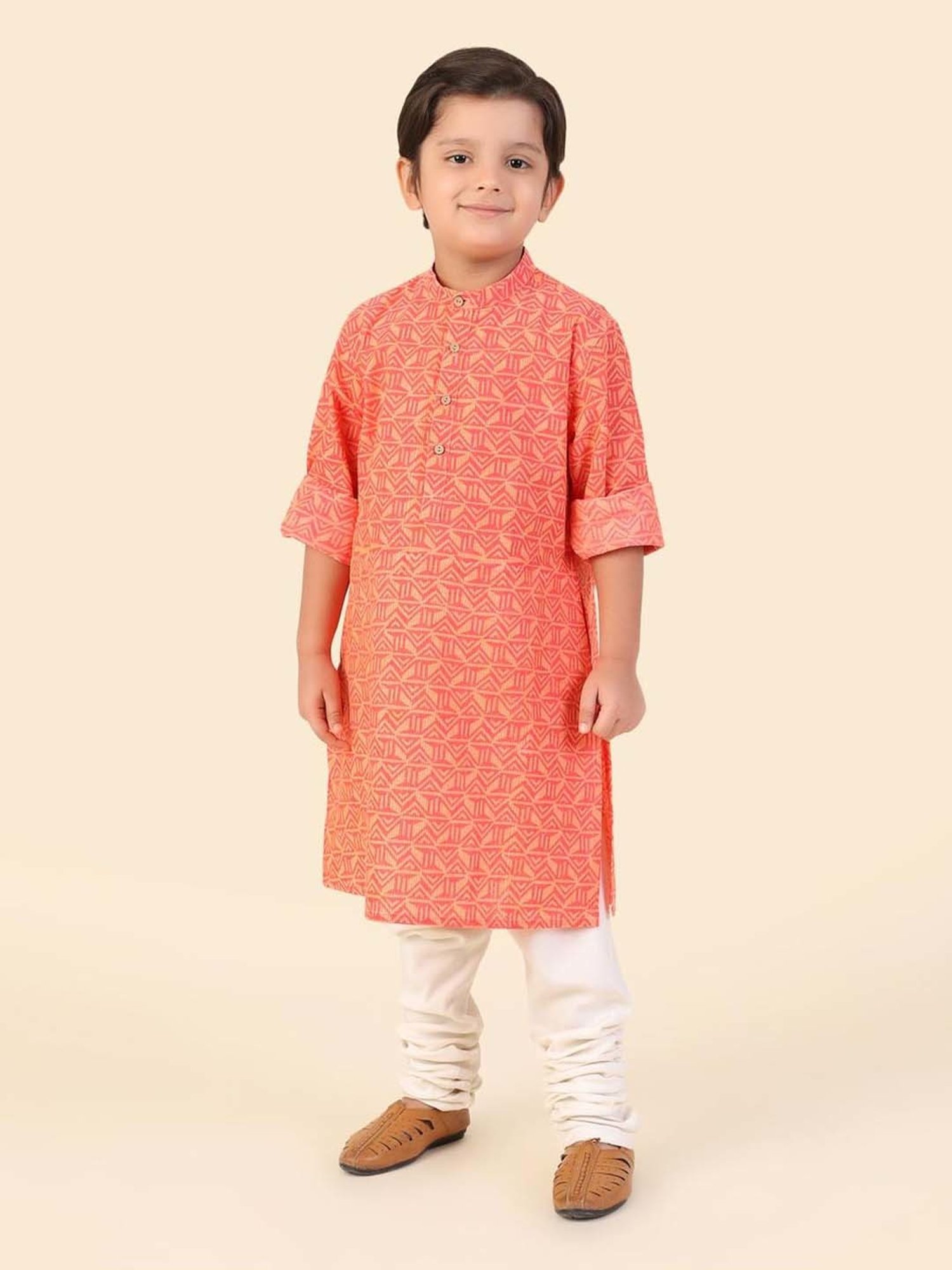 Fabindia Kids Coral Cotton Printed Full Sleeves Kurta