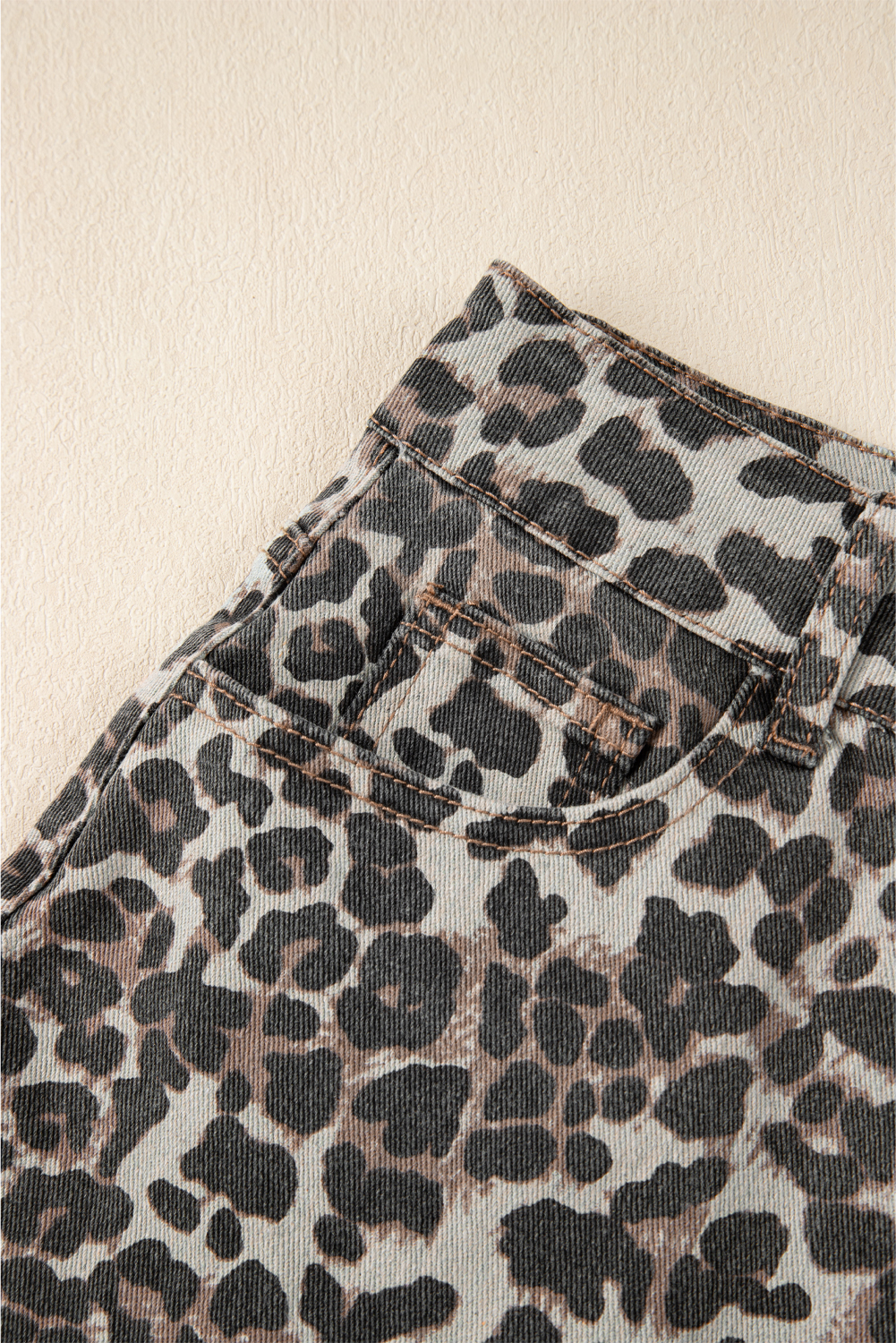 Khaki Allover Leopard Print Denim Mini Skirt