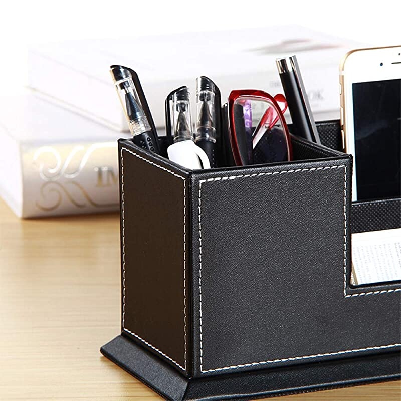 PU Leather Desk Organizer with 4 Compartments, Card/Pen/Pencil/Mobile Phone Stand Office Supplies Holder Desktop Remote Caddy, Home and College Dorm Decor Accessories Storage Box for Women