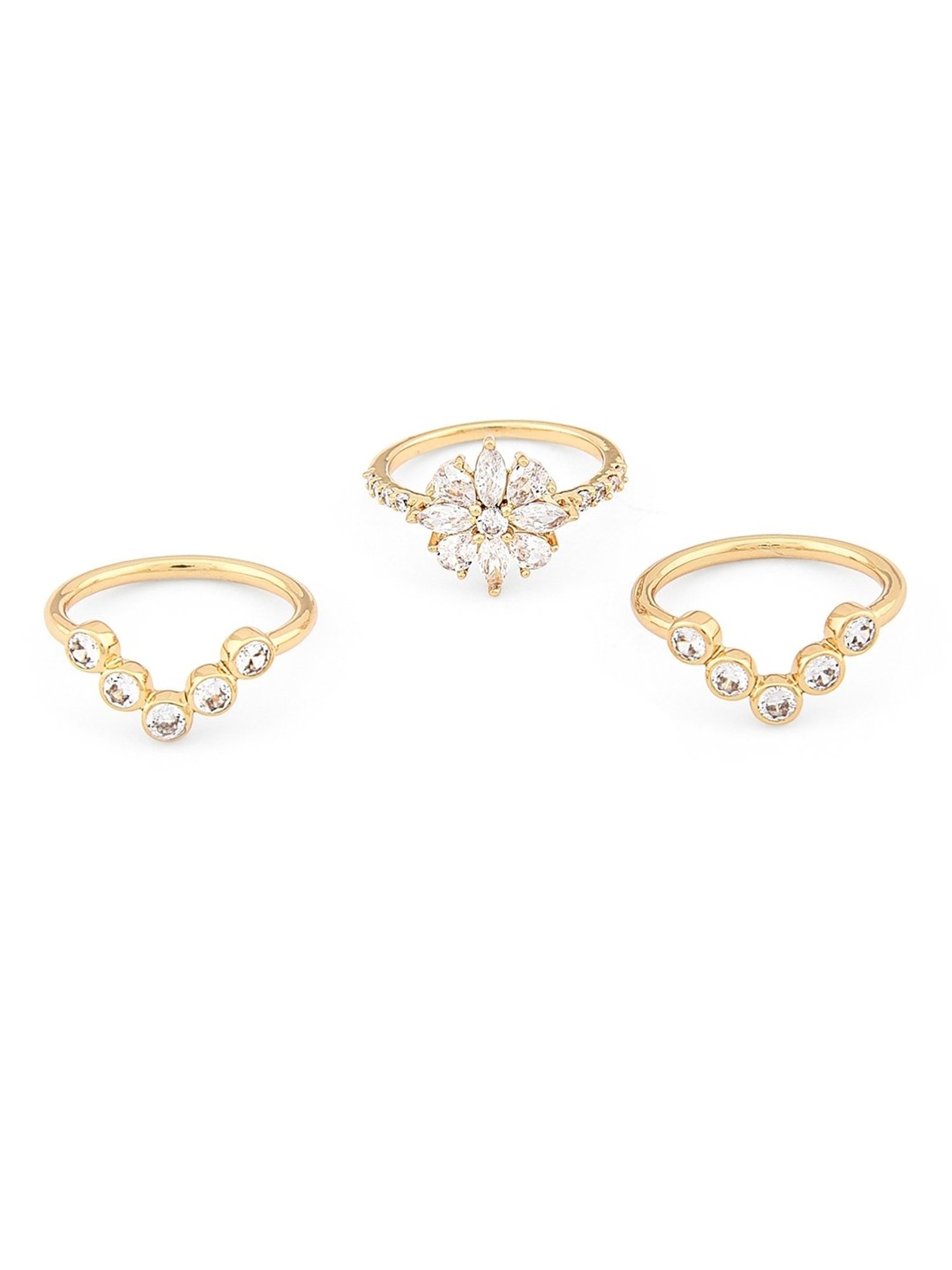 Lilly & Sparkle Brass Gold Plated CZ Stone Studded Floral Finger Rings - Set of 3