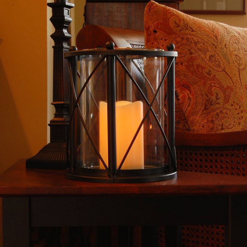 Round Metal LED Lantern With Criss Cross Design And Battery Operated Candle Black - LumaBase