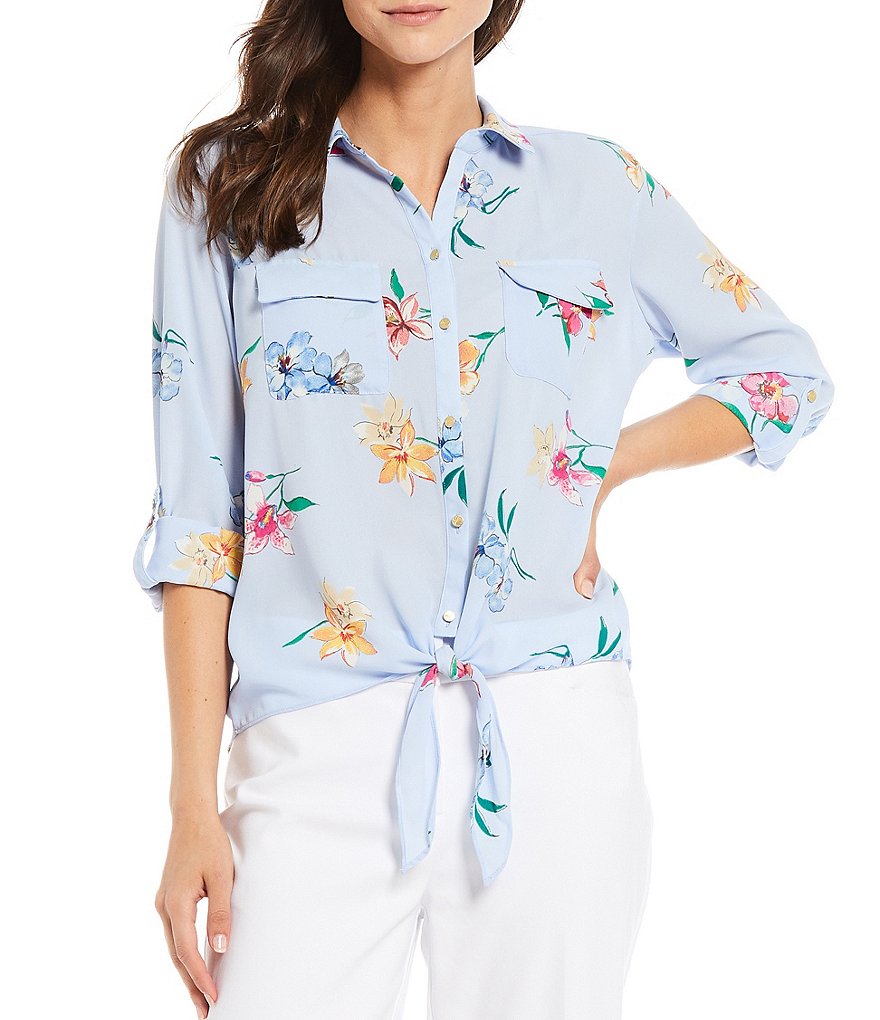 Investments Long Roll-Tab Sleeve Point Collar Neck Tie Front Floral Print Top