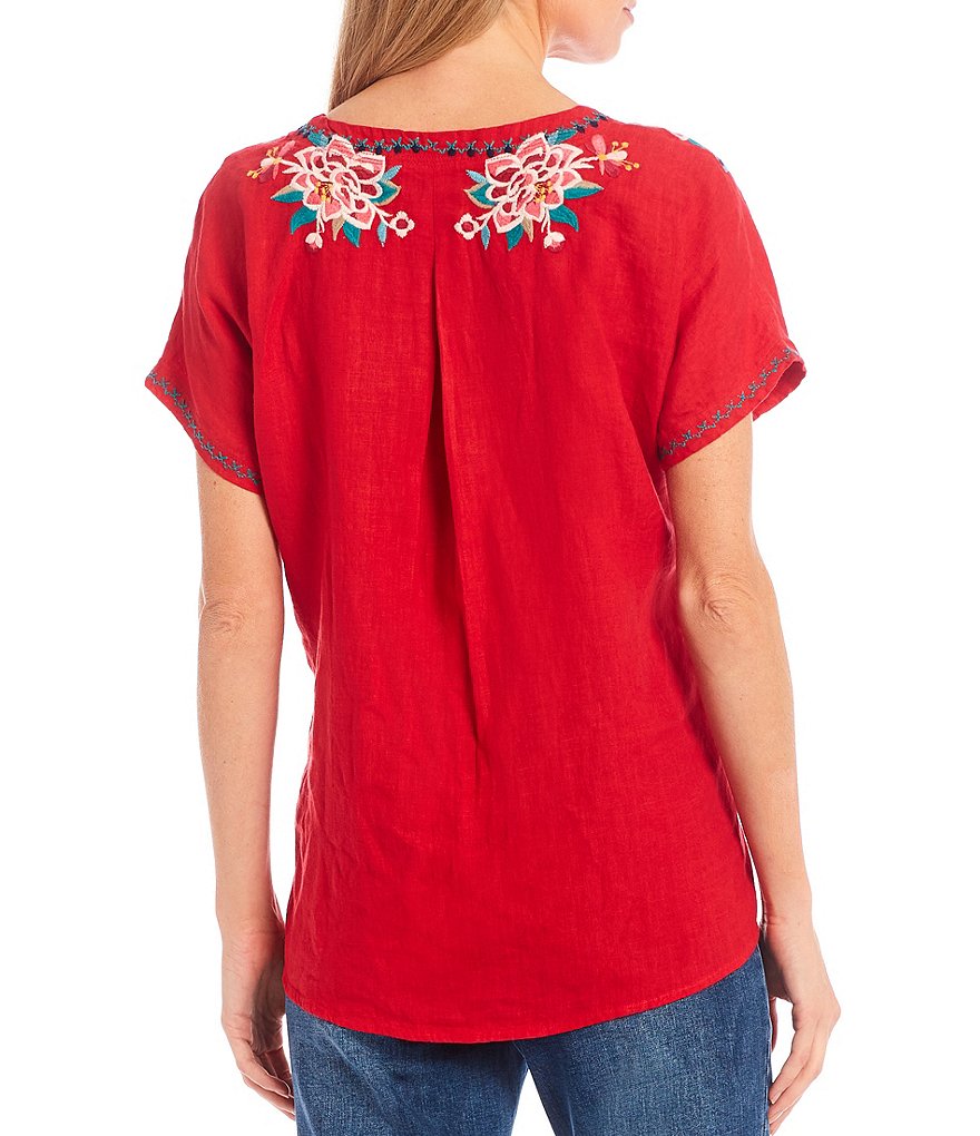John Mark Embroidered Dolman Sleeve Split Round Neck Linen Top
