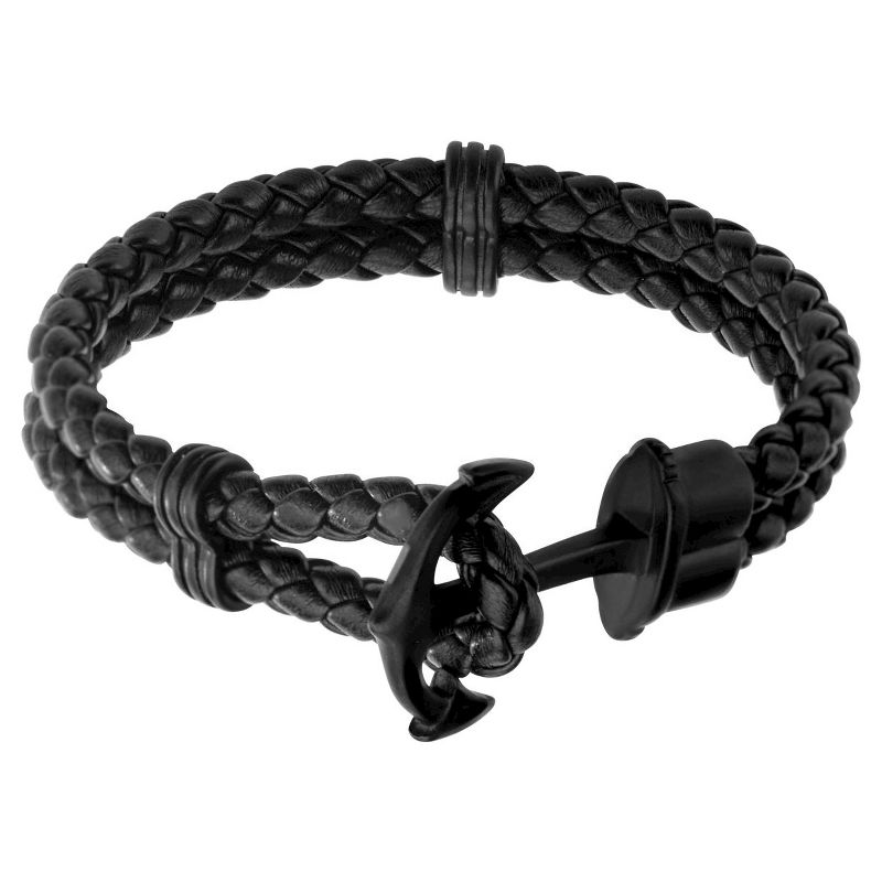 Men's Steel Art Black Braided Leather Bracelet with Stainless Steel Black IP Anchor Clasp (8.5")