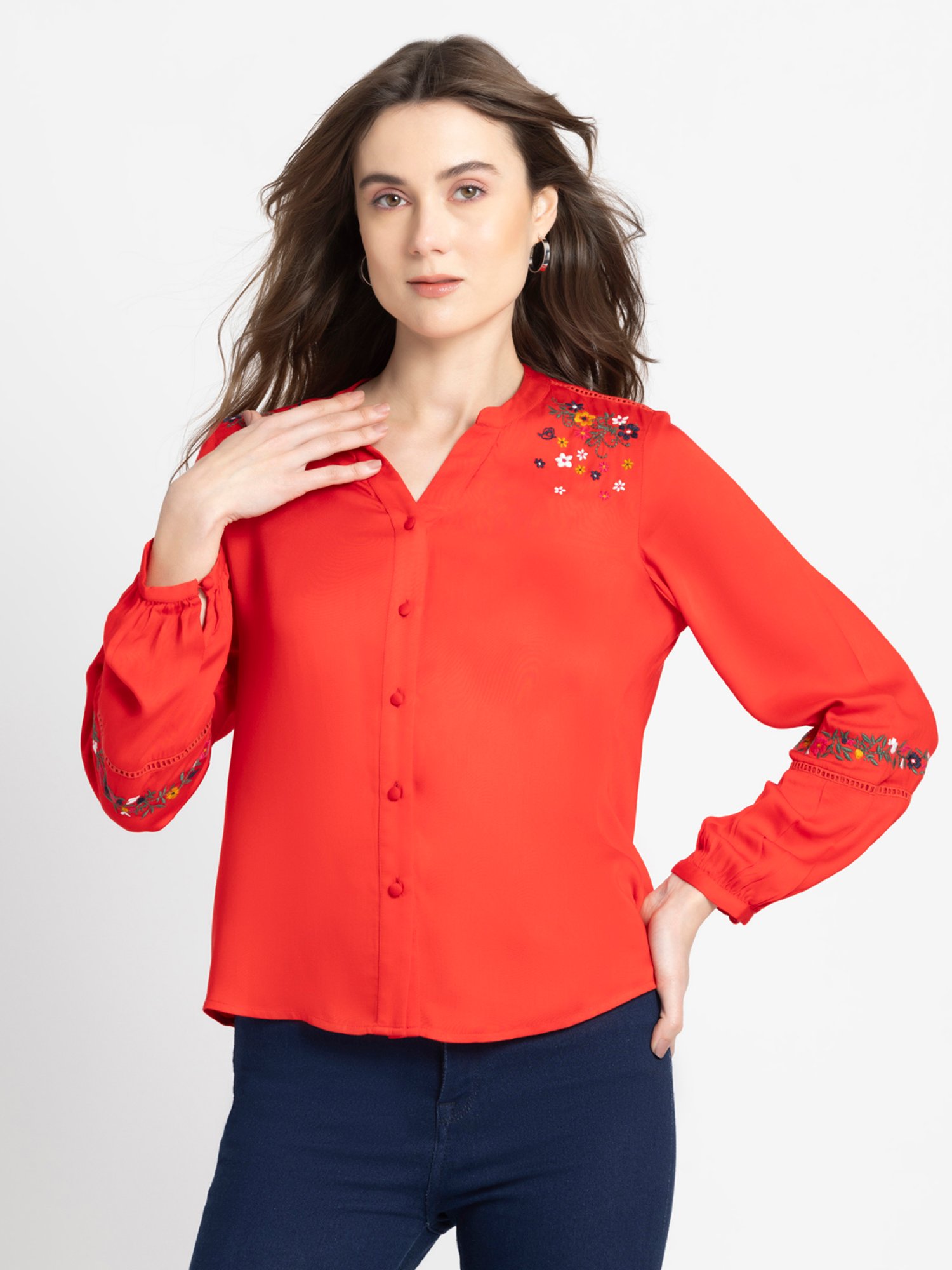 SHAYE Red Embroidered Top