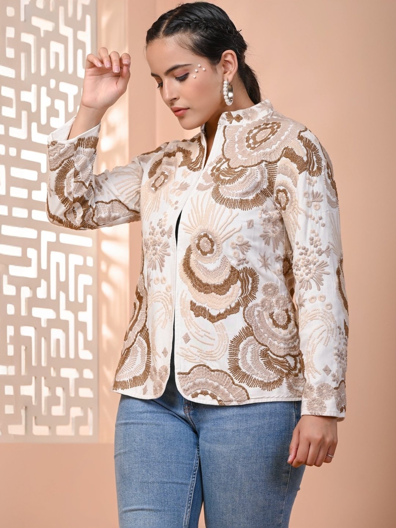 Zolo Label Off-White Cotton Embroidered Jacket