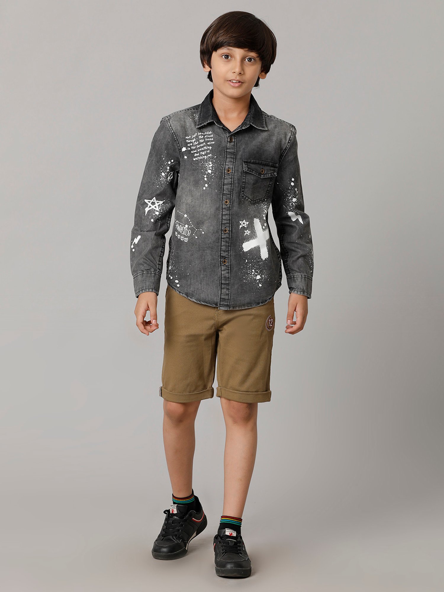 Under Fourteen Only Kids Black Printed Full Sleeves Denim Shirt