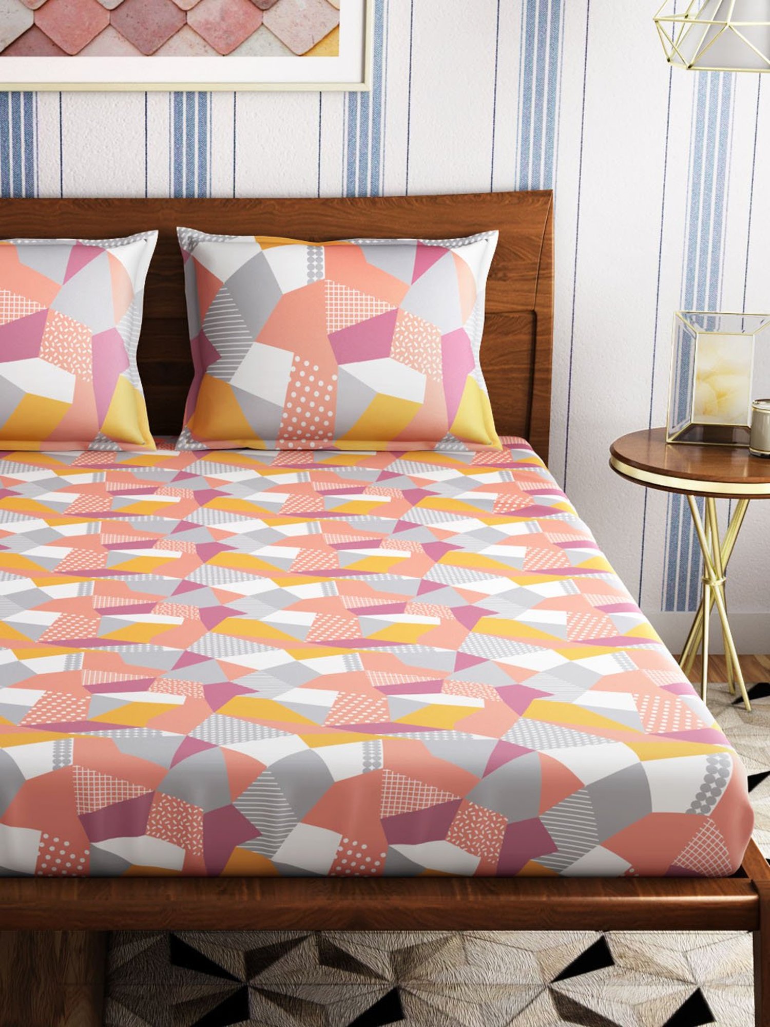 Petal Home Origami Abstract Multicolor 300 TC Cotton King Size Bed Sheet with 2 Pillow Covers