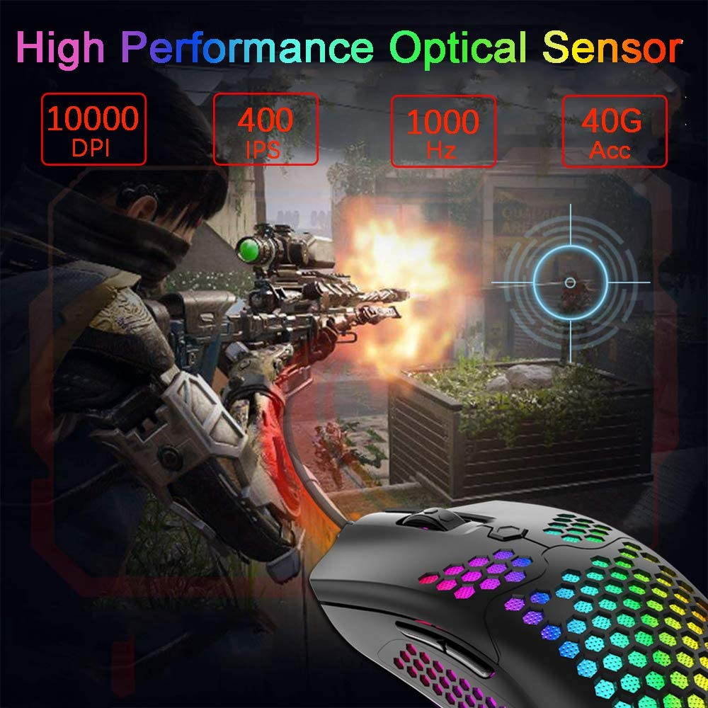 Wired Lightweight Gaming Mouse,26 RGB Backlit Mice with 7 Buttons Programmable Driver,PAW3325 12000DPI Mice,Ultralight Honeycomb Shell Ultraweave Cable Mouse for PC Gamers and Xbox and PS4 Users