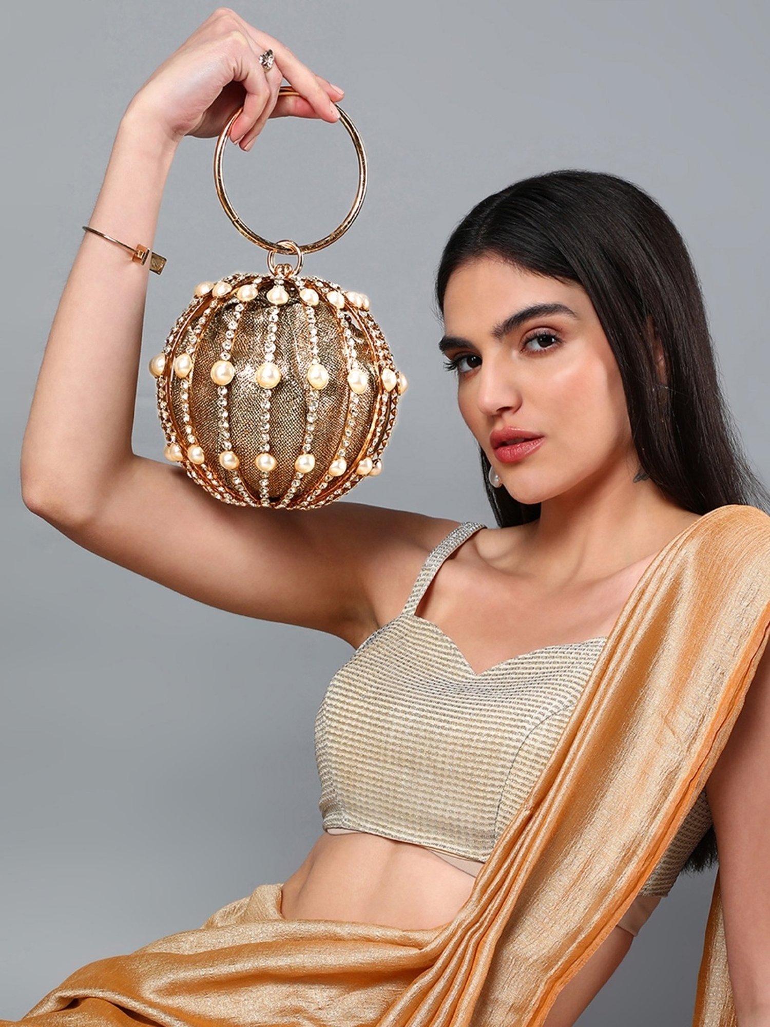 SASSORA IVORY Gold Leather Embellished Handbag