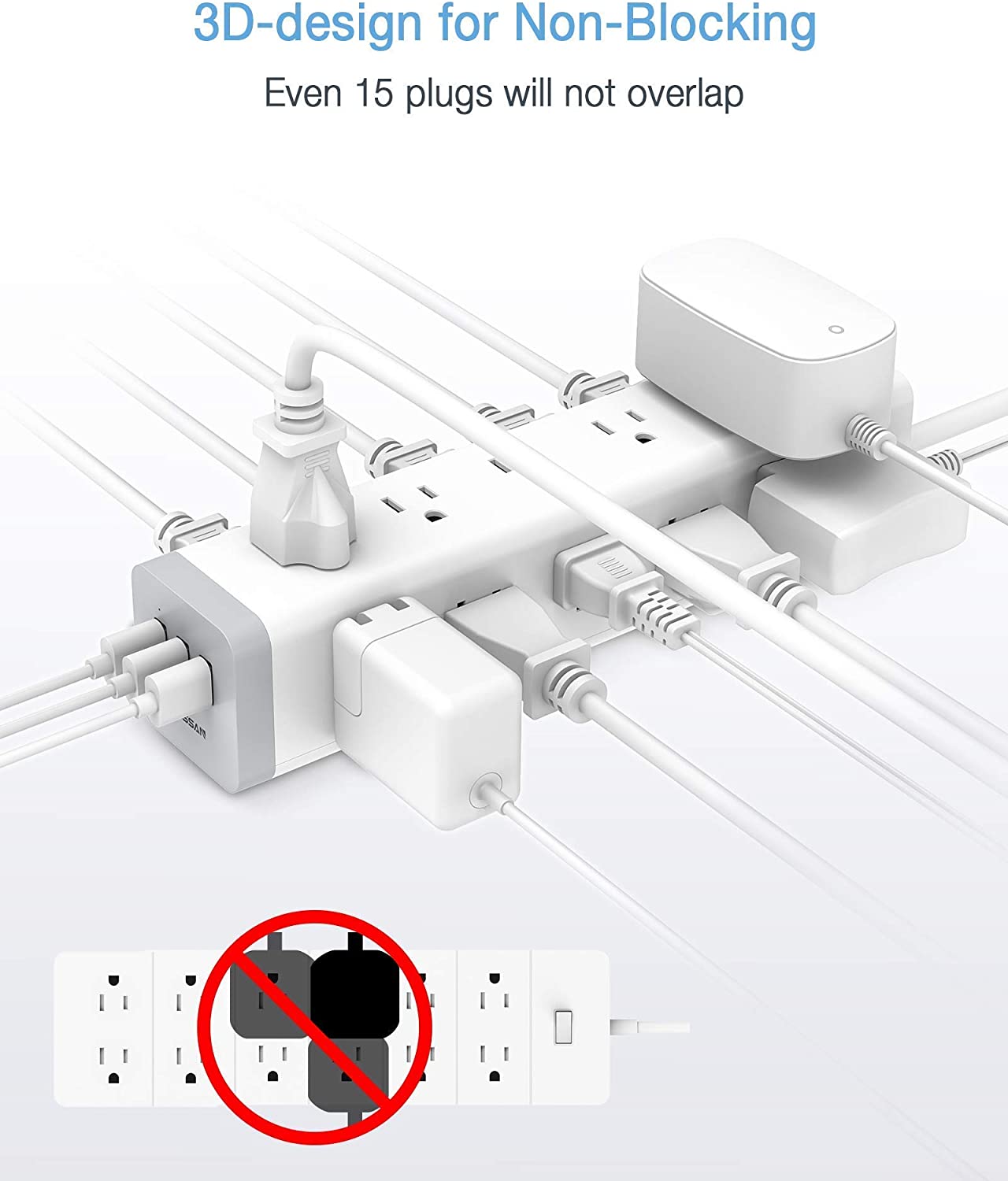 Long Power Strip,  Surge Protector 3 Sided with 15 AC Outlets and 3 USB Charging Ports, Flat Plug Extension Cord 6 Feet 1875W/15A, 1050 Joules, Mountable, White