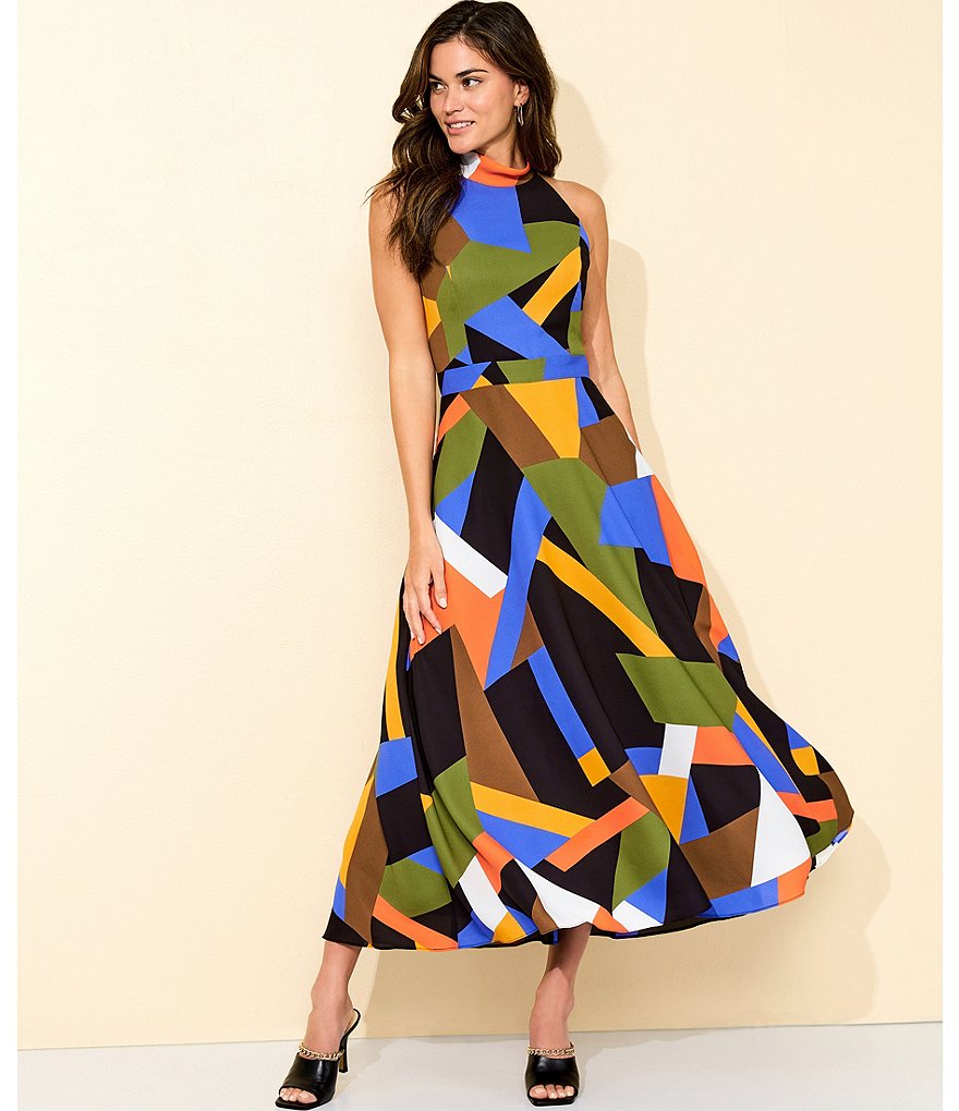 Tahari ASL Halter Geo Print Sleeveless Midi Dress