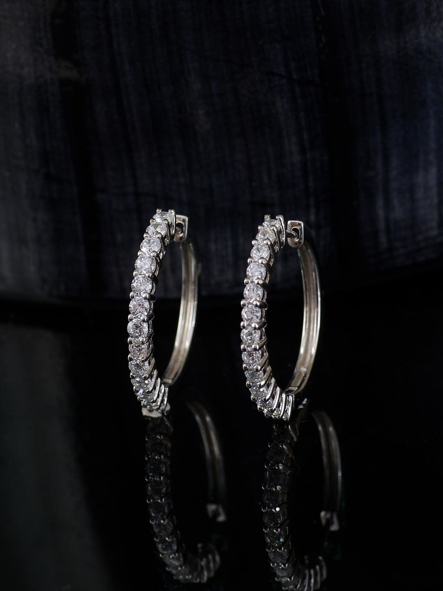 925 Silver AAA Grade American Diamond Bali Hoops Earrings for Women & Girls