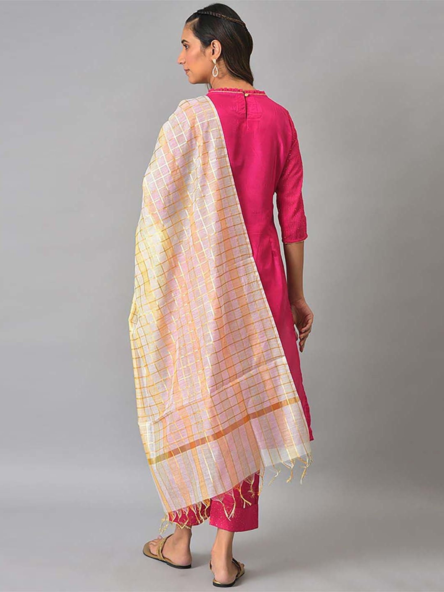 Aurelia Women Off White Solid Silk Kurta Set with Palazzo & Dupatta