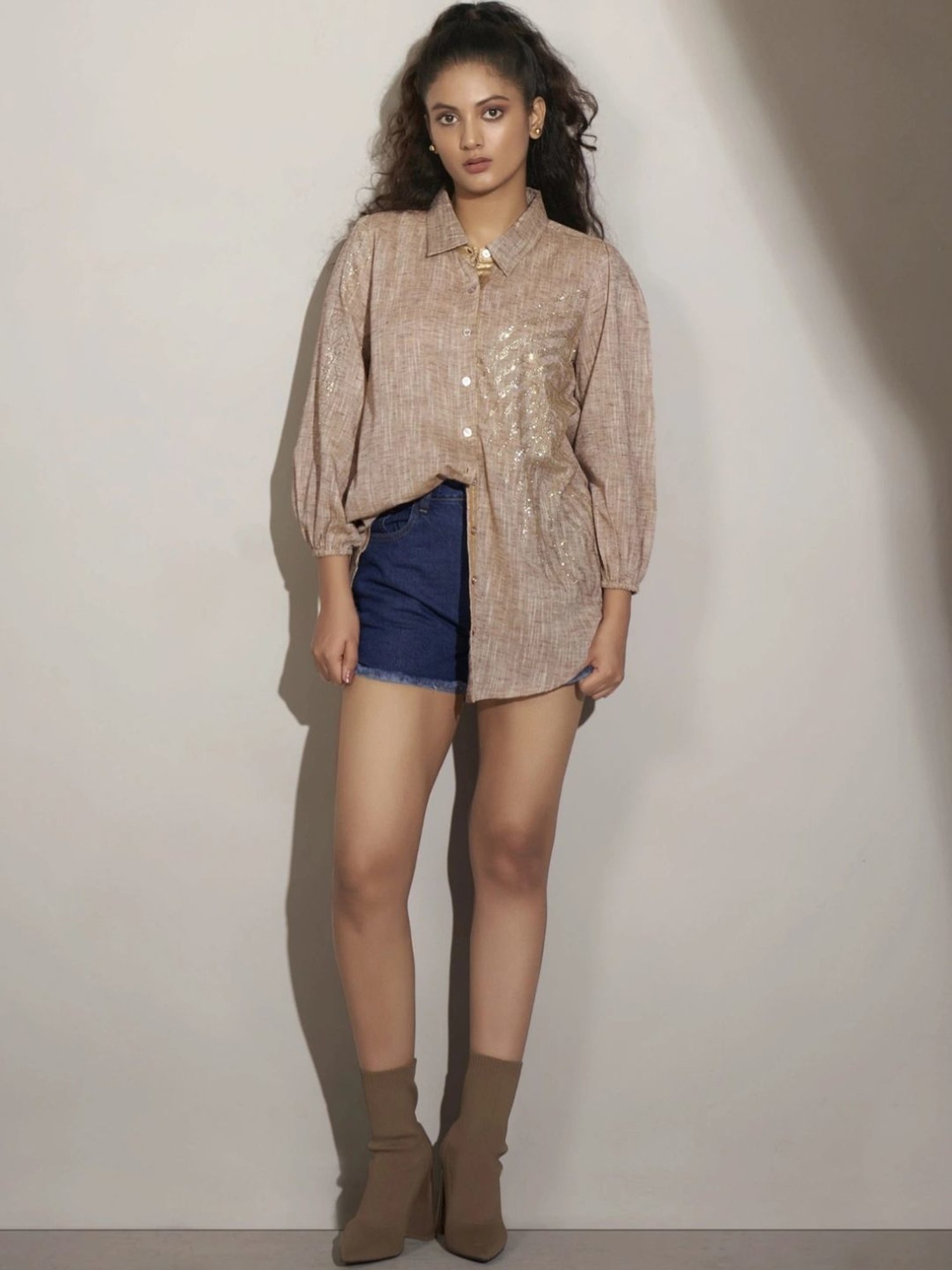 Kaftanize Beige Cotton-Linen Shirt with Fern Leaf Rhinestone Decorations