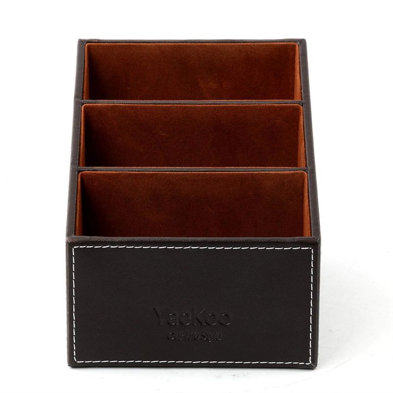 Yaekoo 3 Slots Wooden Struction Leather Multi-function Desk Stationery Organizer Storage Box Pen/Pencil ,Cell phone, Business Name Cards Remote Control Holder Colors (Brown)