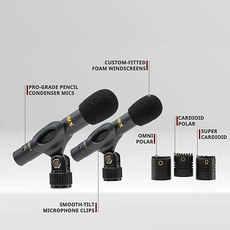 SDPC-2 Stereo Pair of Pencil Condenser Stick Instrument Microphone Pair - Interchangeable Omni, Cardioid & Super Cardioid Capsules Included