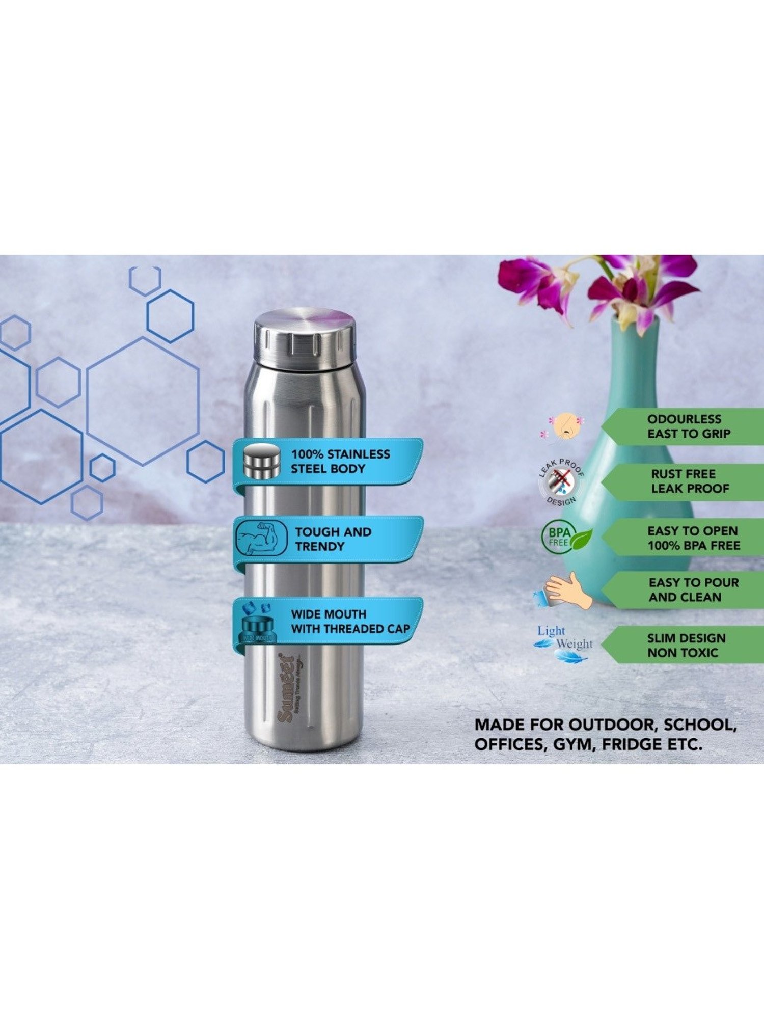 Sumeet Spark-Aqua Stainless Steel Leak Proof  Water Bottle  |900ml |Pack of 6| Silver