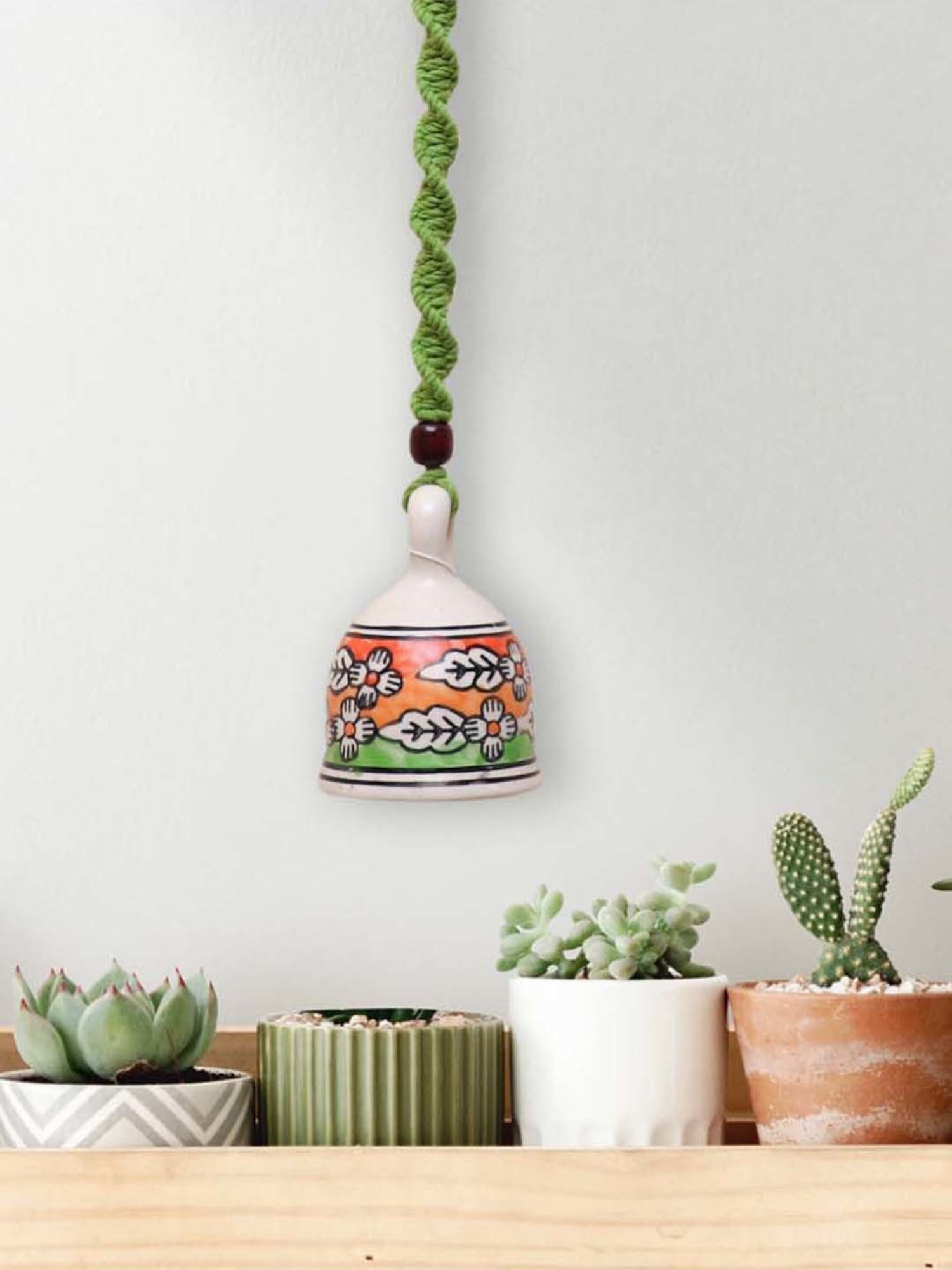 Gathari Green Ceramic Wall Hanging Macrame Bell
