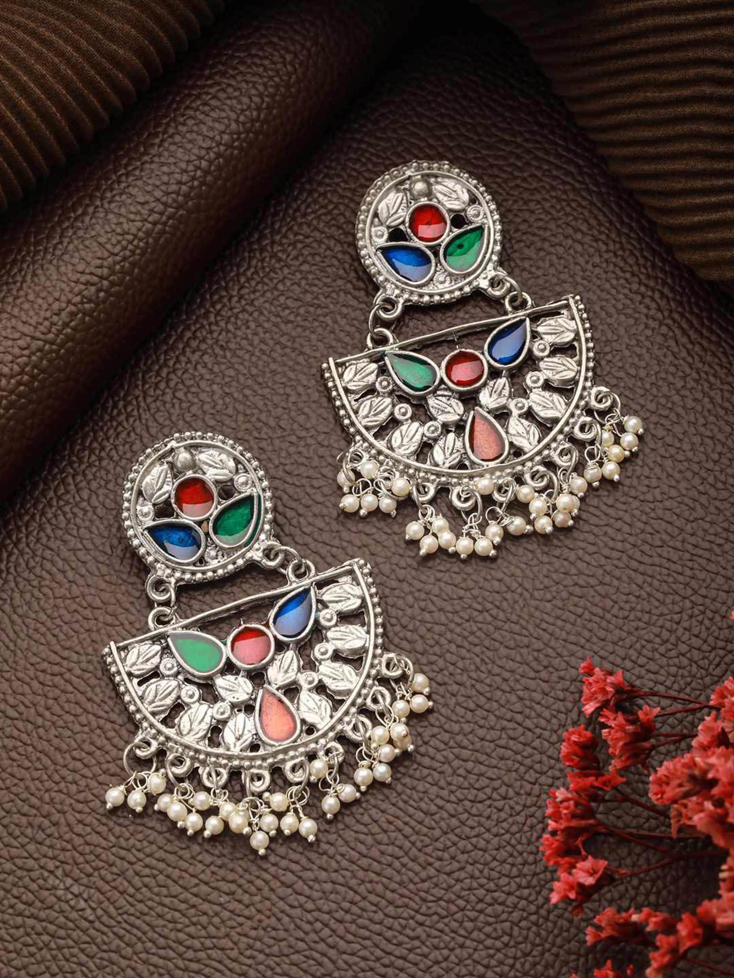 Aatmana Silver-Plated Multi Colored Enamelled & Beaded Chand Bali Earrings for Women
