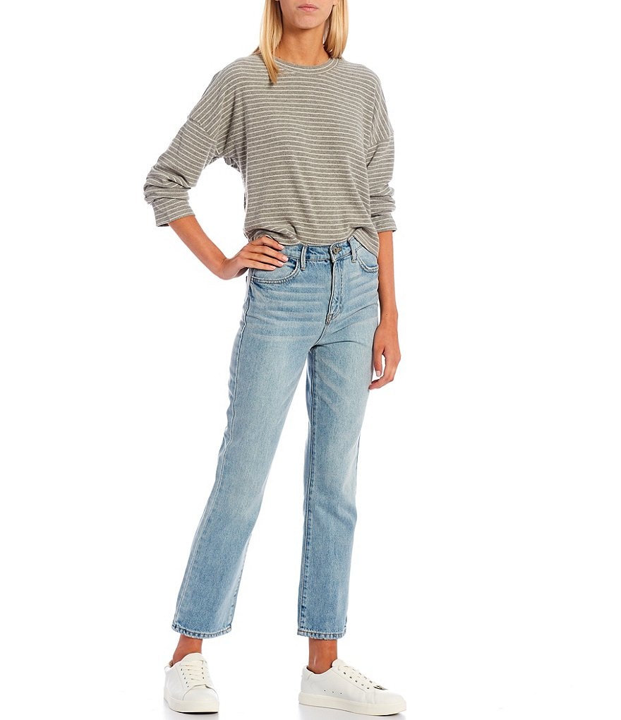 Every Long Sleeve Drop Shoulder Crew Neck Striped Cropped Tee