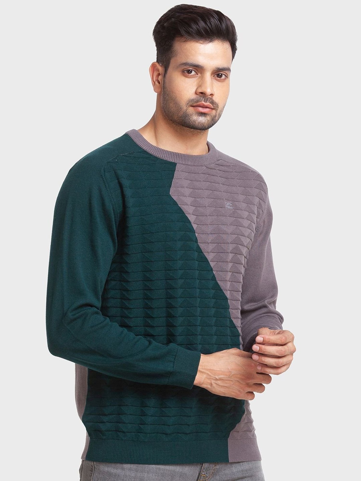 ColorPlus Multi Cotton Tailored Fit Colour Block Sweaters
